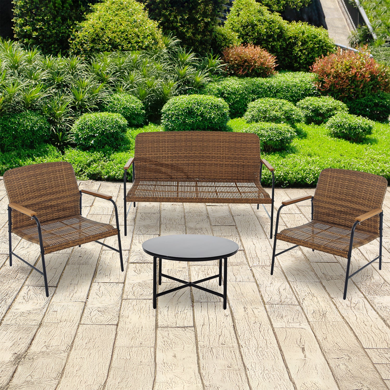 VESTIAMO CASA GIARDINO - Set da giardino 4 pezzi in metallo Nero e braccioli in legno sintetico e Intreccio in Polietilene Marrone - Formato da Panchina a 2 posti, 2 poltrone e tavolino da salotto