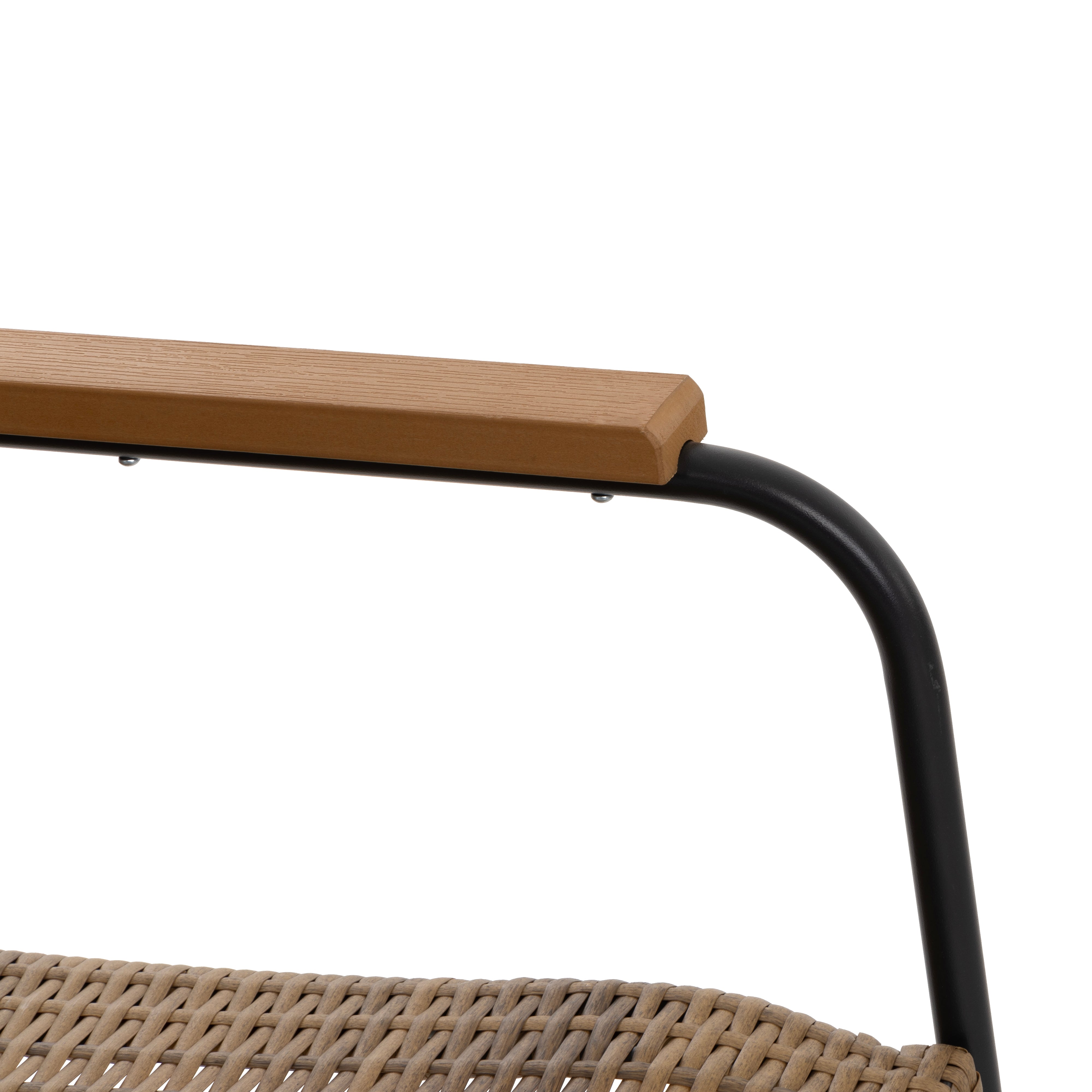 VESTIAMO CASA GIARDINO - Set da giardino 4 pezzi in metallo Nero e braccioli in legno sintetico e Intreccio in Polietilene Marrone - Formato da Panchina a 2 posti, 2 poltrone e tavolino da salotto