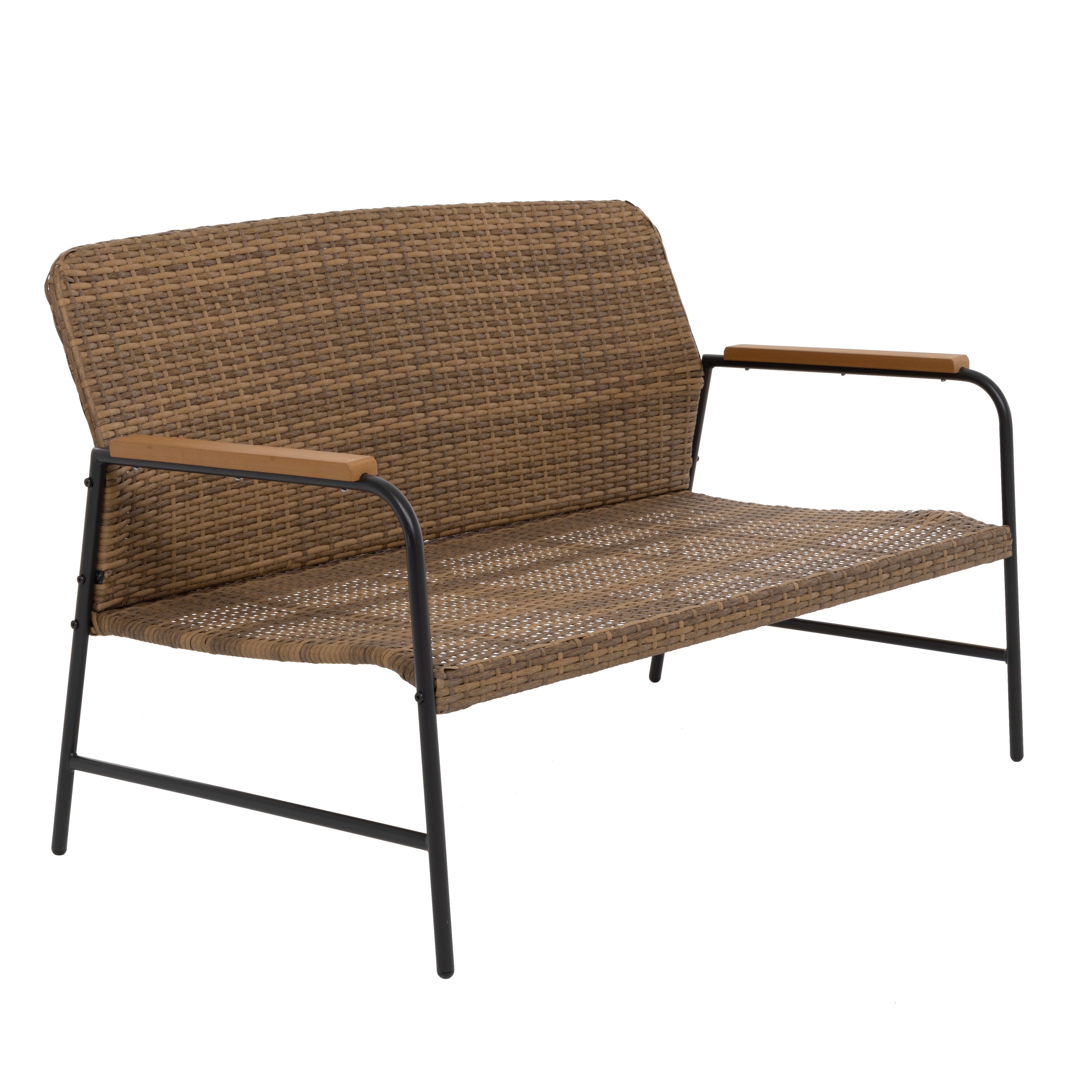 VESTIAMO CASA GIARDINO - Set da giardino 4 pezzi in metallo Nero e braccioli in legno sintetico e Intreccio in Polietilene Marrone - Formato da Panchina a 2 posti, 2 poltrone e tavolino da salotto