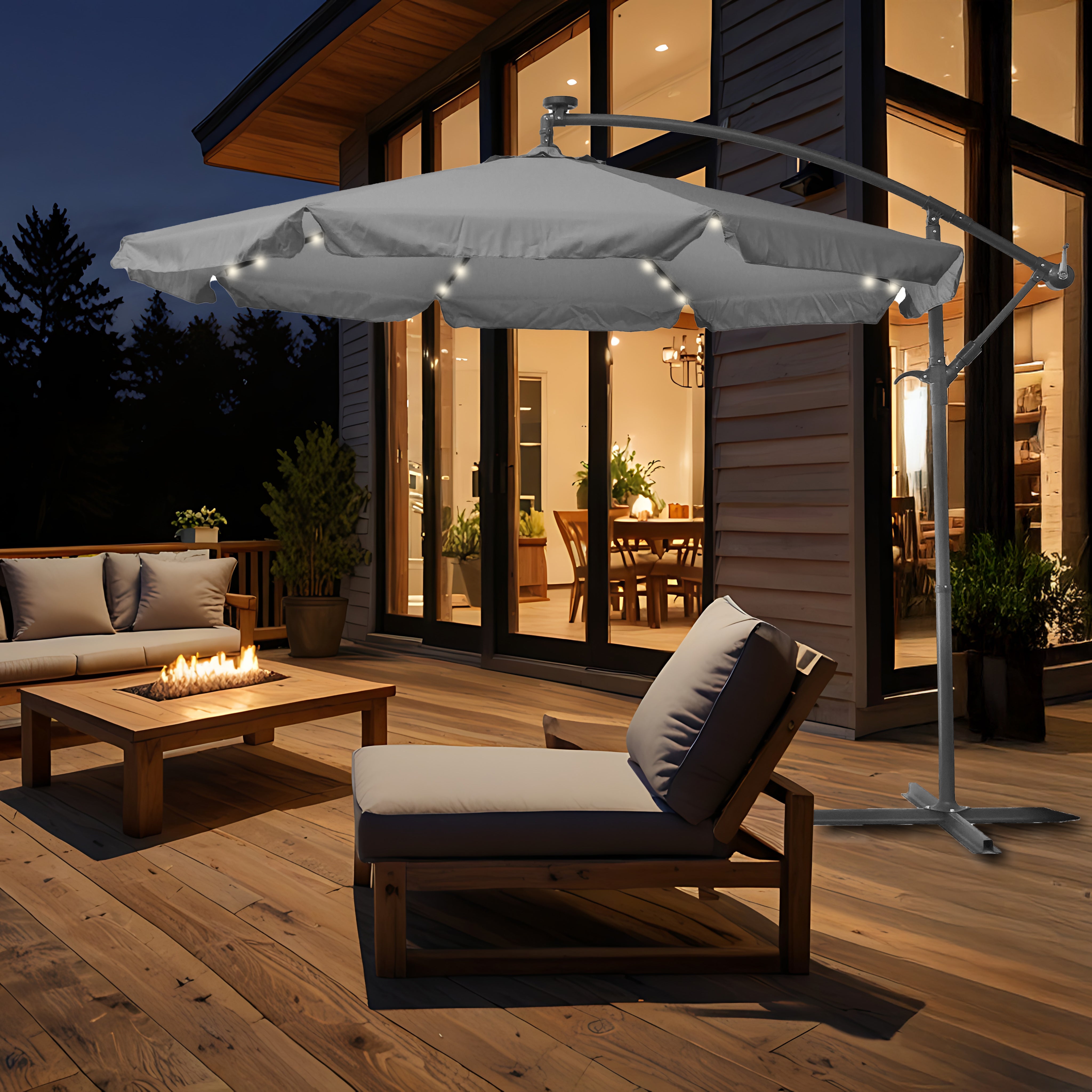 VESTIAMO CASA GIARDINO - Ombrellone da giardino Decentrato con 32 LED e Pannello Solare Grigio diametro 3 metri