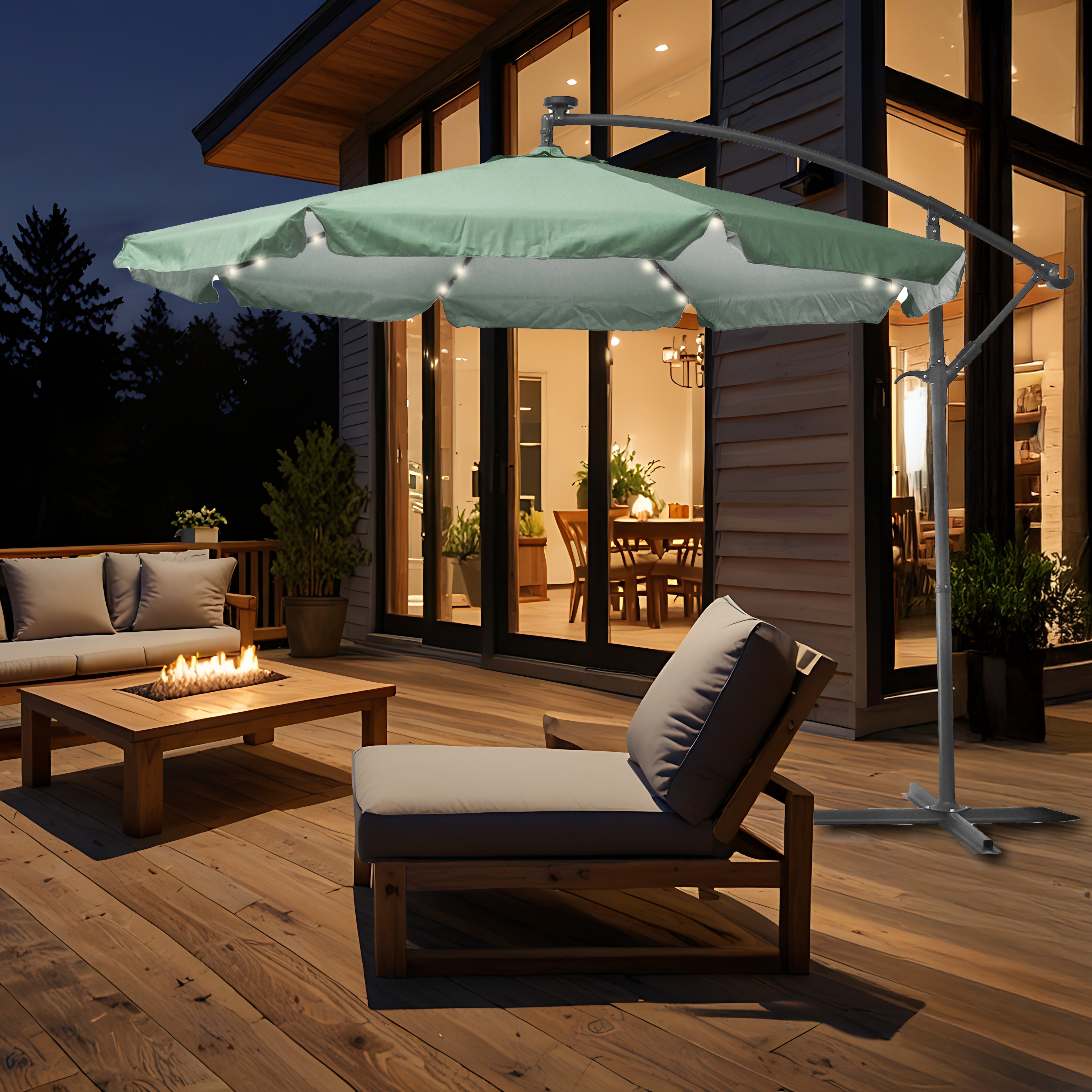 VESTIAMO CASA GIARDINO - Ombrellone da giardino Decentrato con 32 LED e Pannello Solare Verde diametro 3 metri