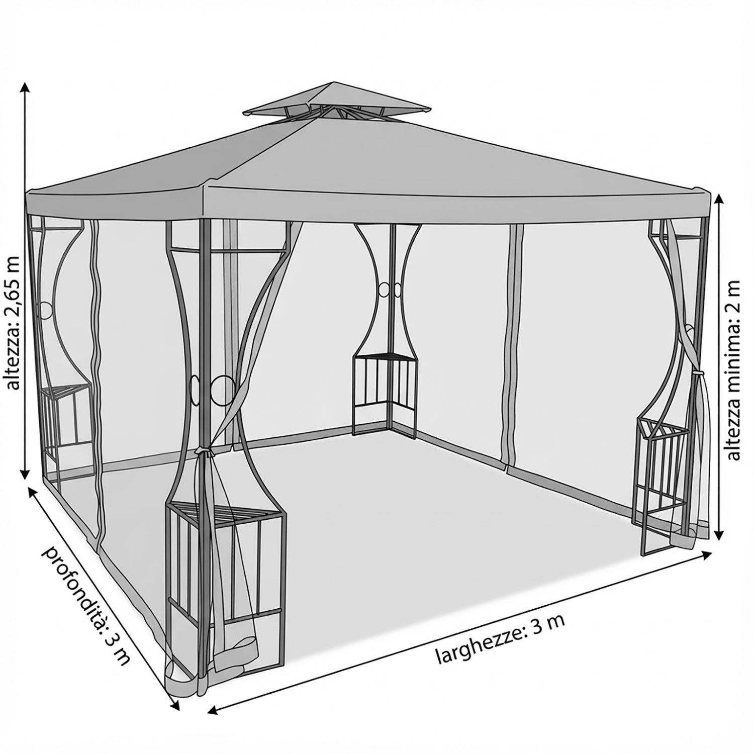 VESTIAMO CASA GIARDINO - Gazebo da giardino in Acciaio Antracite con Telo in Poliestere Grigio e Zanzariera 3x3 metri