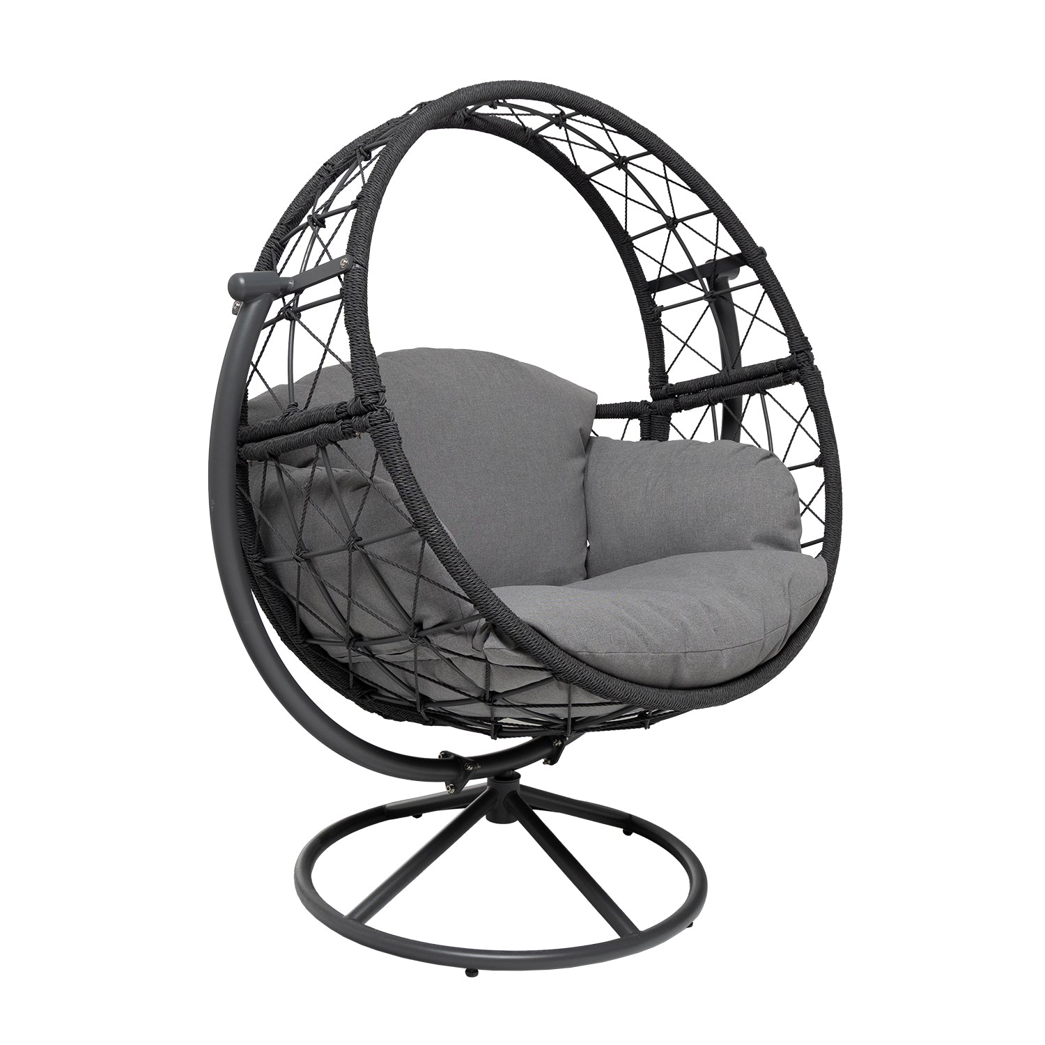 VESTIAMO CASA GIARDINO - Poltrona Dondolo da Giardino in acciaio con rivestimento Effetto Rattan Grigio Scuro e cuscini inclusi - h142x124x90 cm
