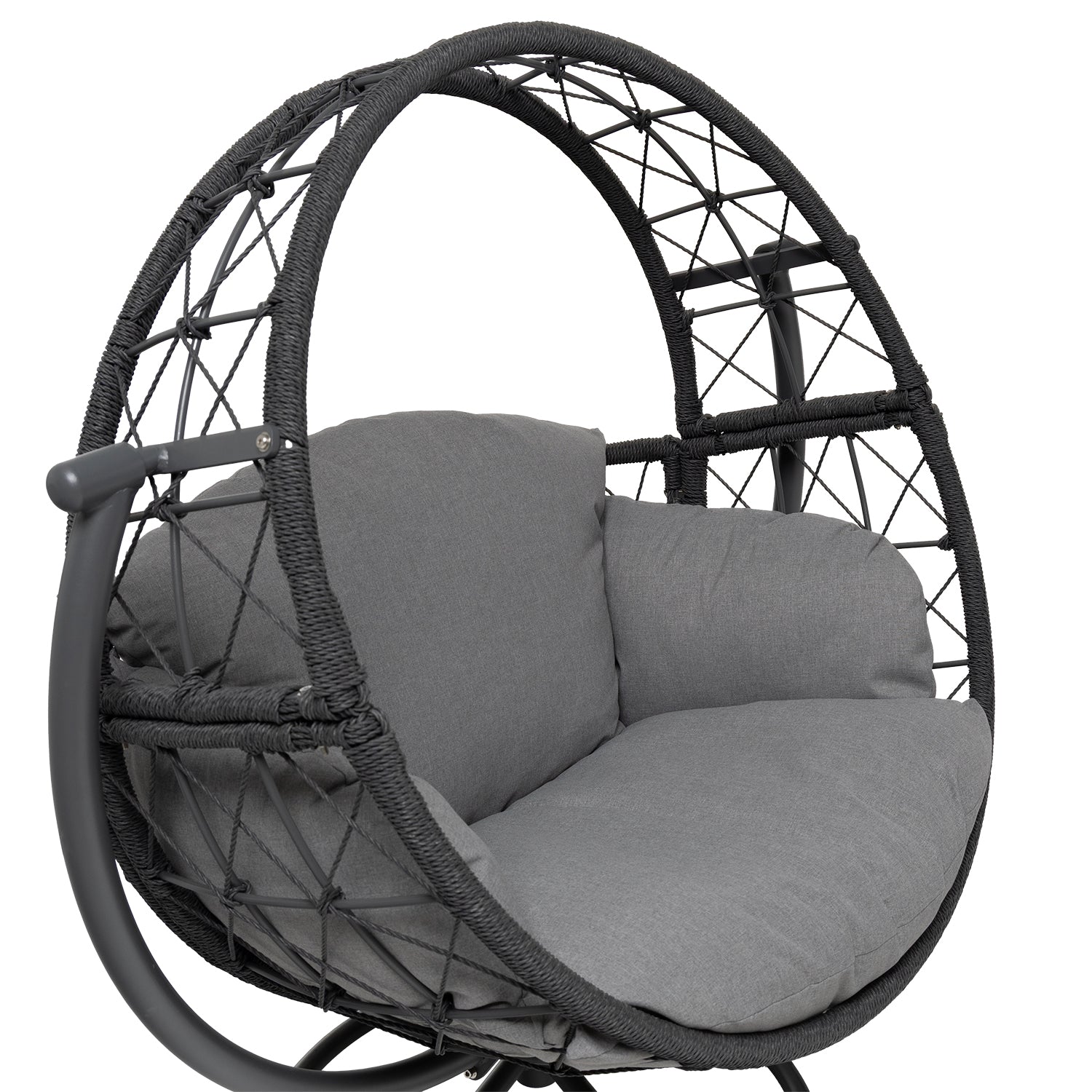 VESTIAMO CASA GIARDINO - Poltrona Dondolo da Giardino in acciaio con rivestimento Effetto Rattan Grigio Scuro e cuscini inclusi - h142x124x90 cm
