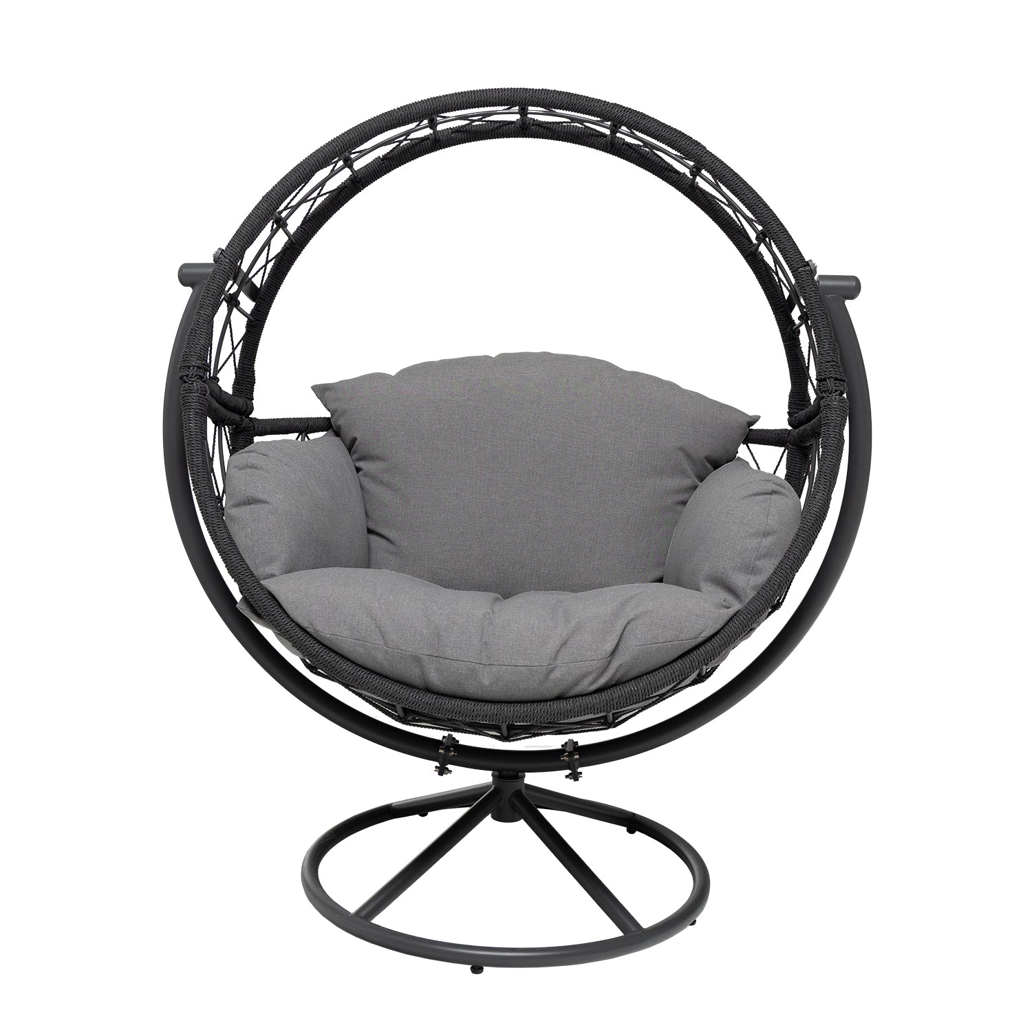 VESTIAMO CASA GIARDINO - Poltrona Dondolo da Giardino in acciaio con rivestimento Effetto Rattan Grigio Scuro e cuscini inclusi - h142x124x90 cm