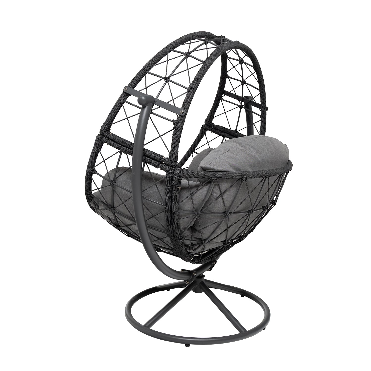 VESTIAMO CASA GIARDINO - Poltrona Dondolo da Giardino in acciaio con rivestimento Effetto Rattan Grigio Scuro e cuscini inclusi - h142x124x90 cm