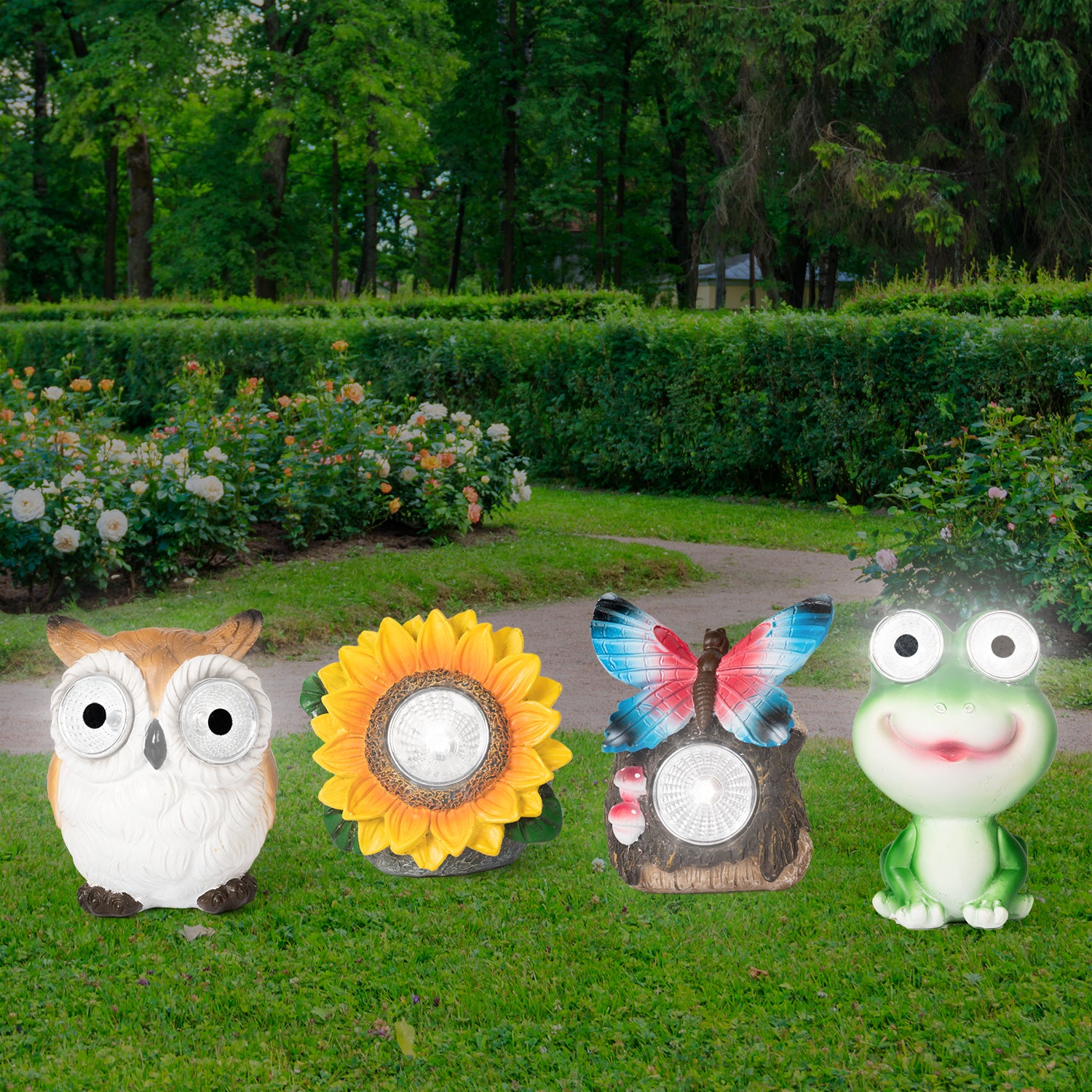 DICTROLUX - Lampada Solare Decorativa da esterno Luce Naturale - Gufo, Girasole, Rana e Farfalla