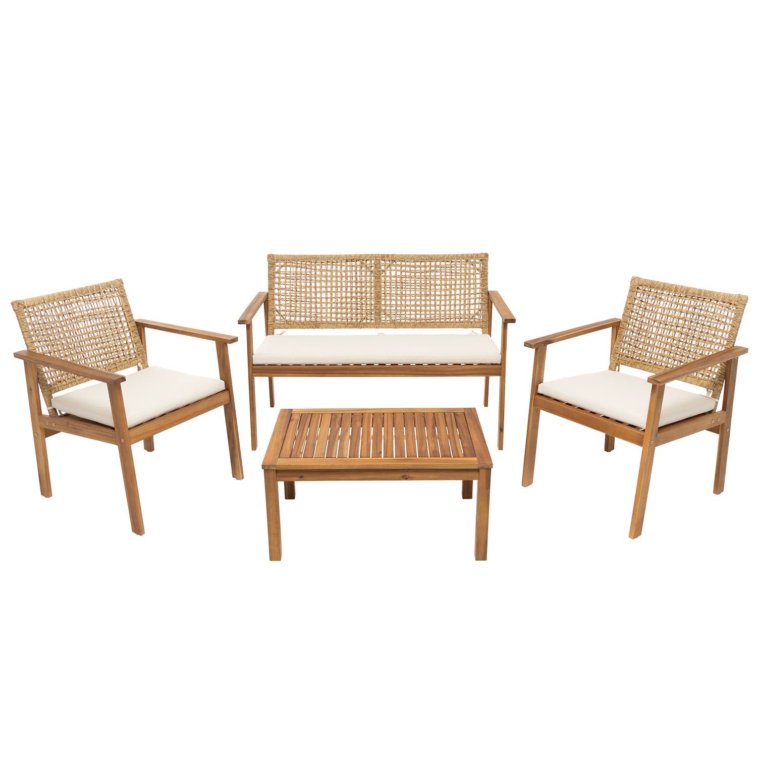 VESTIAMO CASA GIARDINO - Set da giardino 4 pezzi Struttura in Legno di Acacia, Schienale Effetto Rattan e cuscini Beige