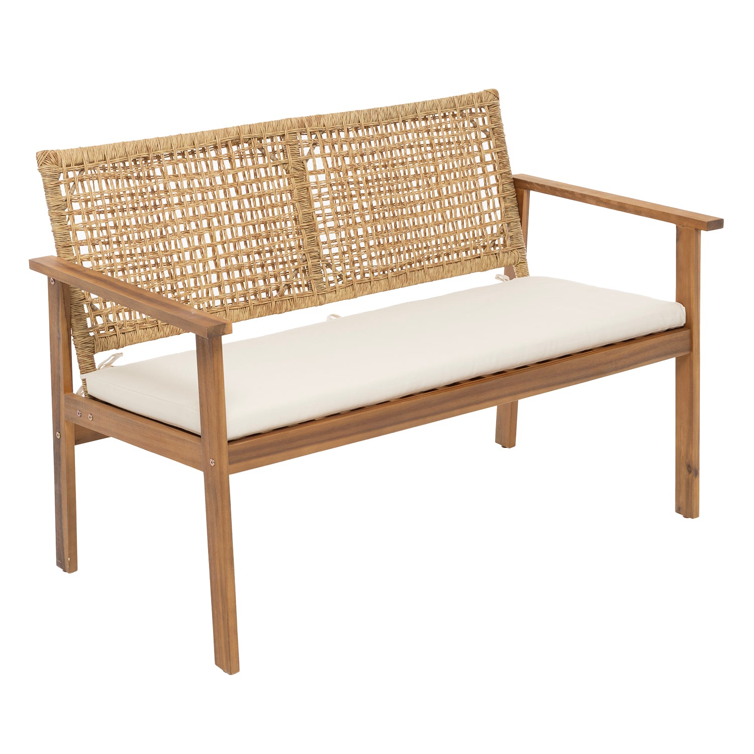VESTIAMO CASA GIARDINO - Set da giardino 4 pezzi Struttura in Legno di Acacia, Schienale Effetto Rattan e cuscini Beige