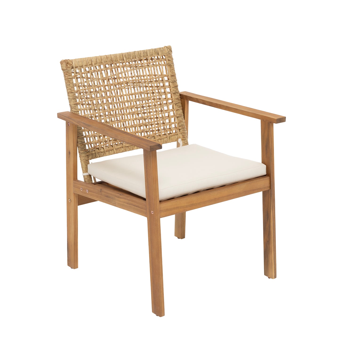 VESTIAMO CASA GIARDINO - Set da giardino 4 pezzi Struttura in Legno di Acacia, Schienale Effetto Rattan e cuscini Beige