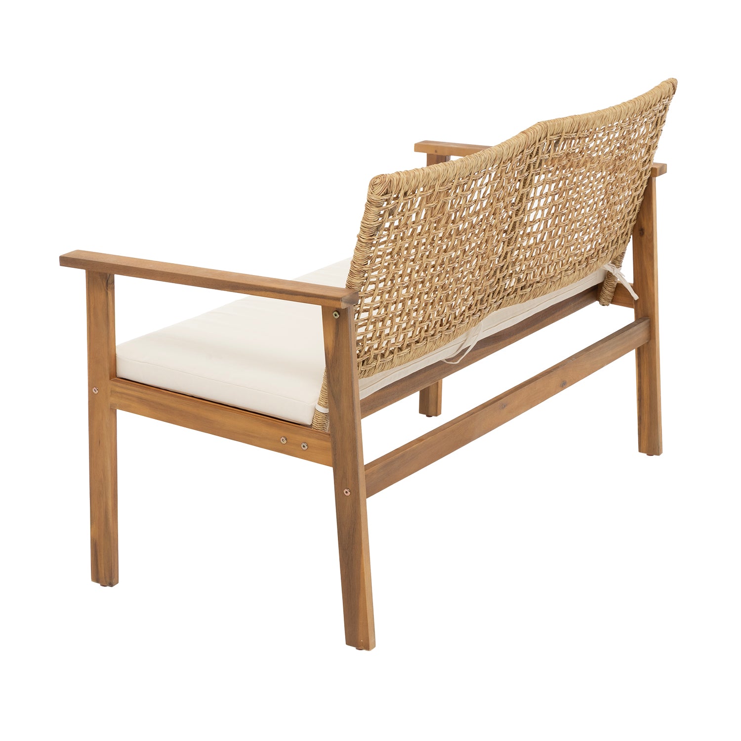 VESTIAMO CASA GIARDINO - Set da giardino 4 pezzi Struttura in Legno di Acacia, Schienale Effetto Rattan e cuscini Beige