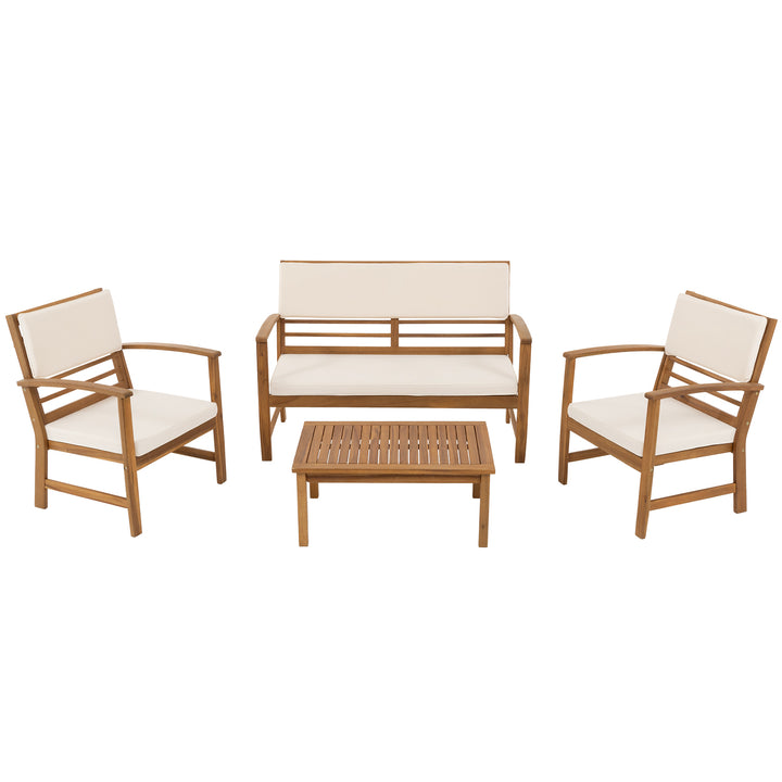 VESTIAMO CASA GIARDINO - Set da giardino 4 pezzi in legno di Acacia con cuscini Beige - Formato da Panchina a 2 posti, 2 poltrone e tavolino da salotto