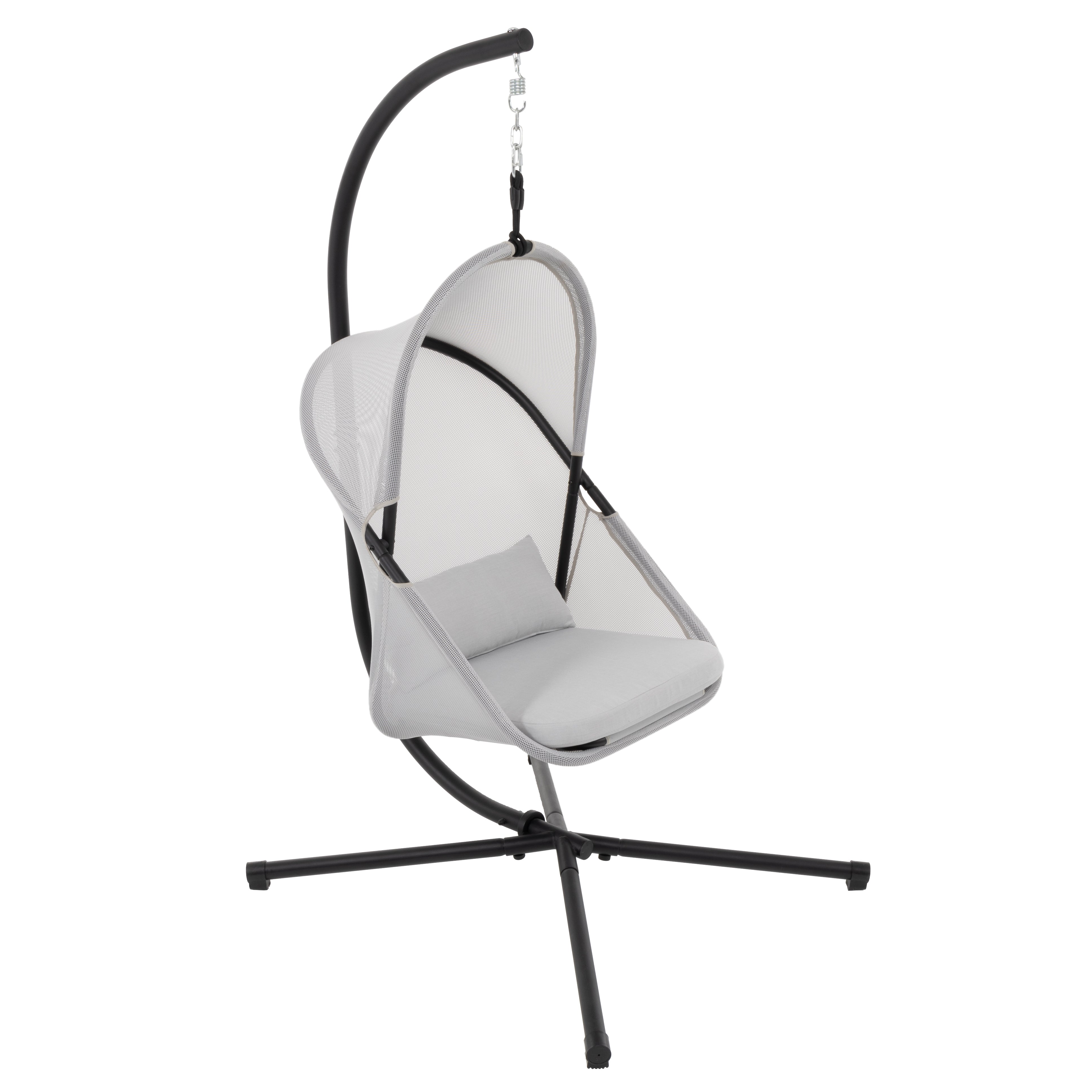 VESTIAMO CASA GIARDINO - Poltrona sospesa in acciaio nero con copertura e cuscini grigio - h195x115x108 cm