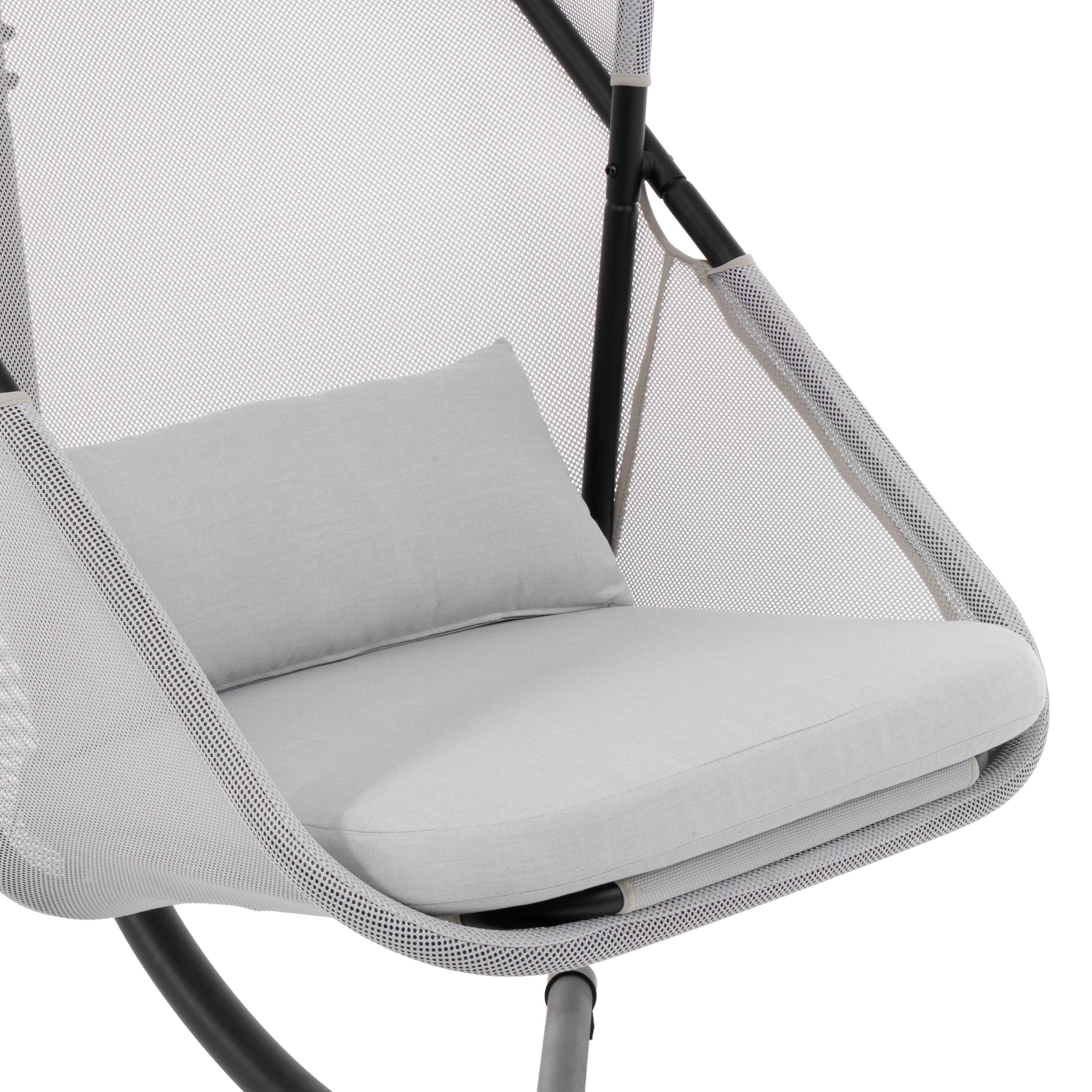 VESTIAMO CASA GIARDINO - Poltrona sospesa in acciaio nero con copertura e cuscini grigio - h195x115x108 cm