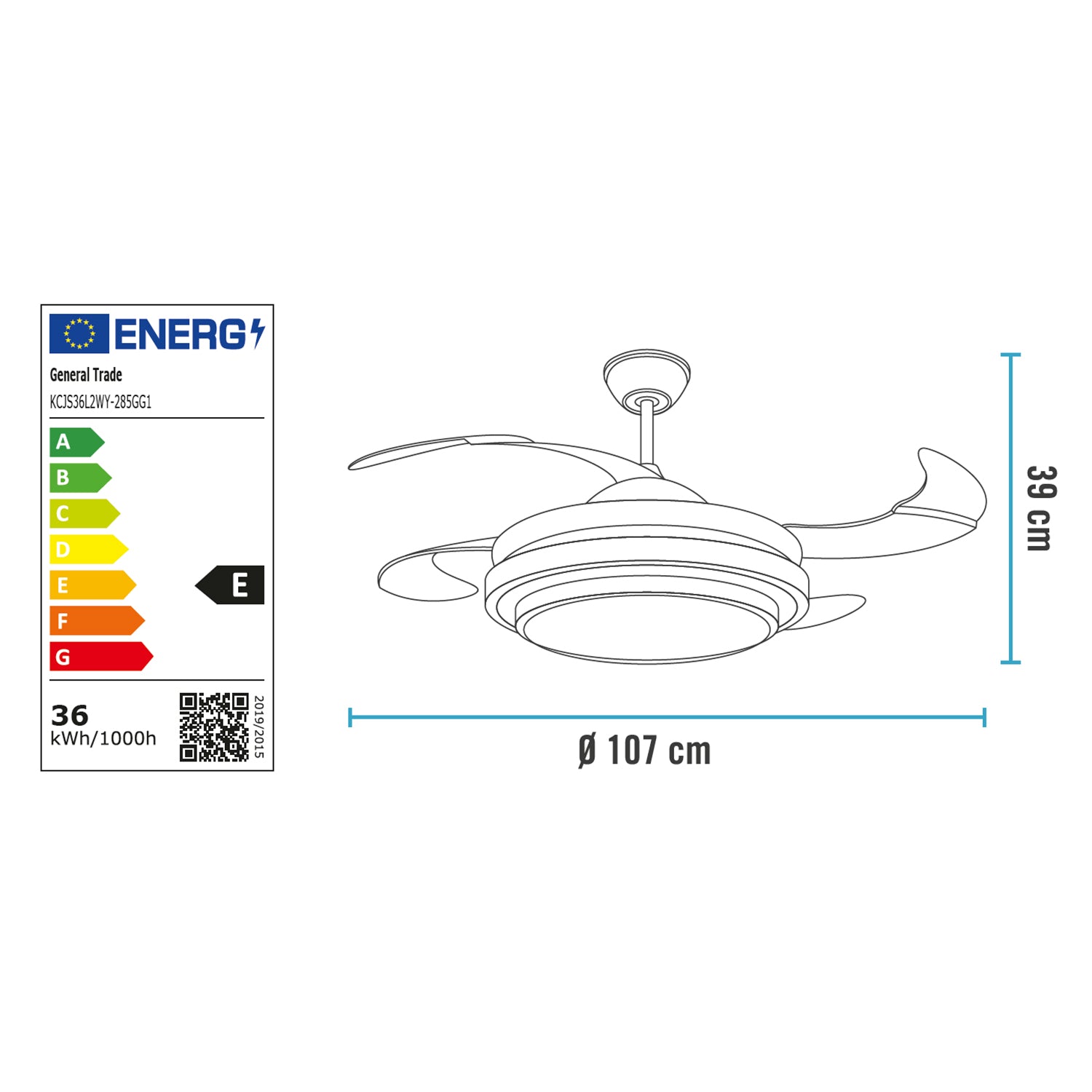 DICTROLUX - Ventilatore da Soffitto con Plafoniera LED e Pale Retrattili Aura Fan