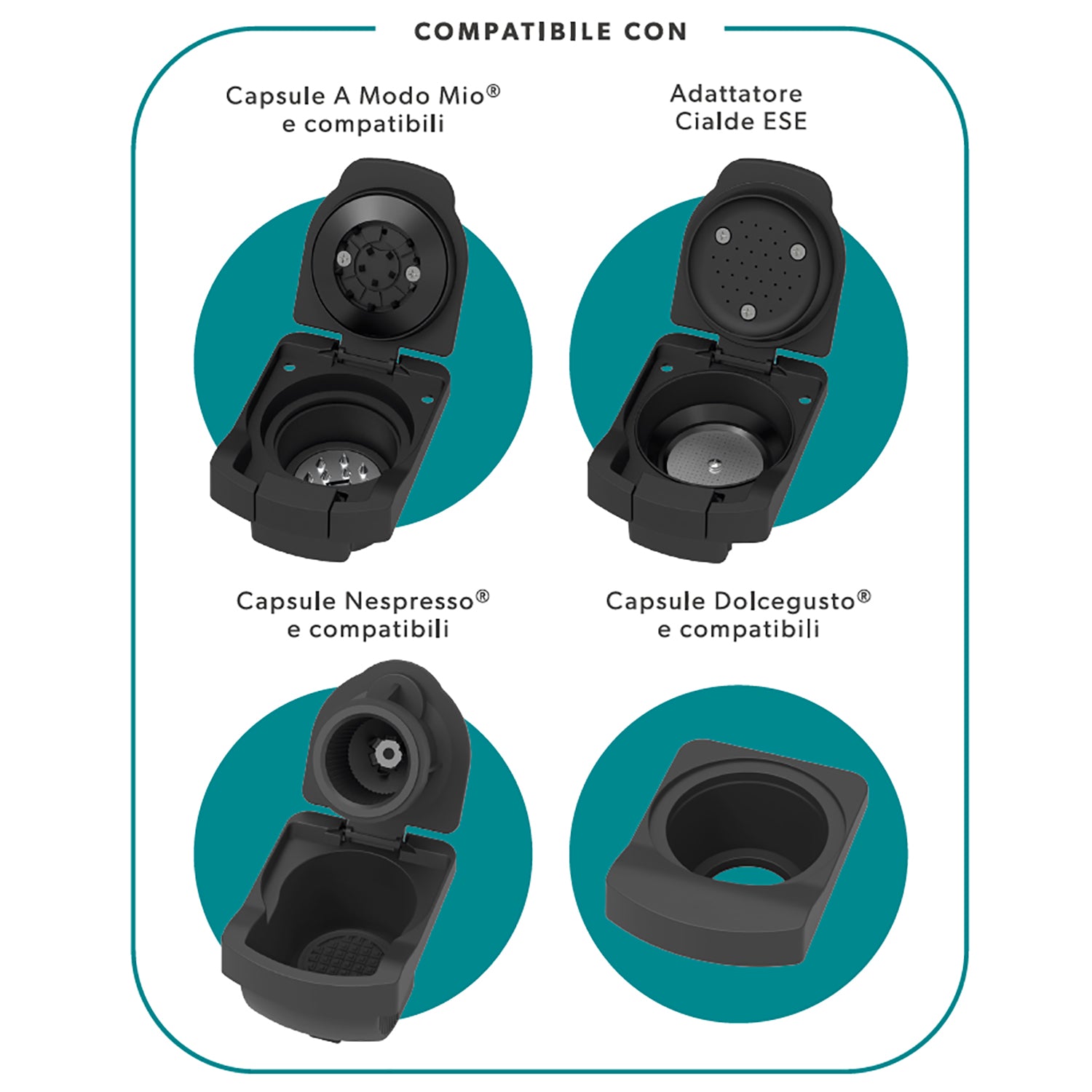 DICTROLUX - Macchina da caffè 4 in 1 Matilde Black 1400 Watt - Compatibile con capsule Nespresso, Dolcegusto, Lavazza a Modo Mio e Cialde ESE