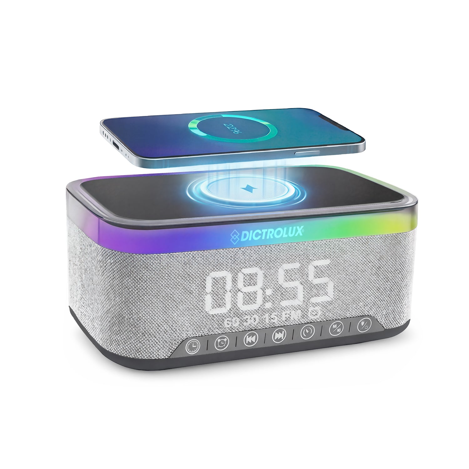DICTROLUX - Speaker Bluetooth DLX883 con Ricarica Wireless, Sveglia Digitale e Luci LED