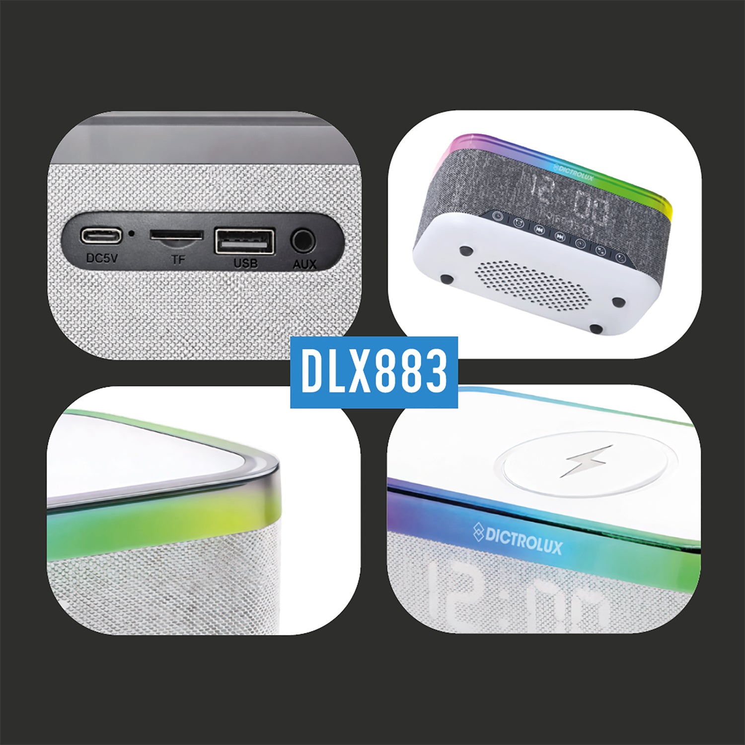 DICTROLUX - Speaker Bluetooth DLX883 con Ricarica Wireless, Sveglia Digitale e Luci LED
