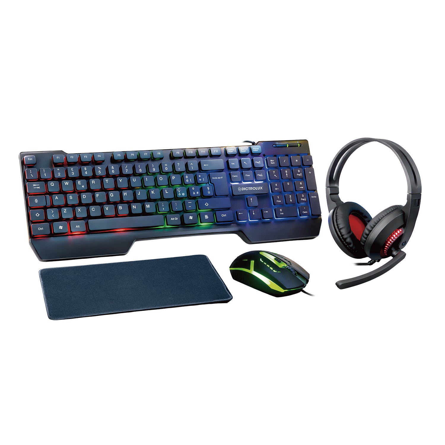 DICTROLUX - Gaming Combo 4 in 1 DLXKM6 con Tastiera RGB, Mouse, Cuffie con Microfono e Tappetino