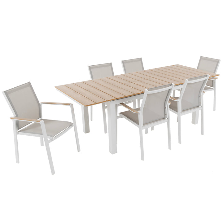 VESTIAMO CASA GIARDINO - Set da giardino 7 pezzi Tavolo Estensibile con 6 Sedie struttura in alluminio Bianco e top in Polywood