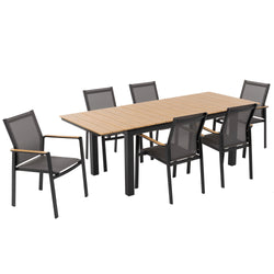 VESTIAMO CASA GIARDINO - Set da giardino 7 pezzi Tavolo Estensibile con 6 Sedie struttura in alluminio Nero e top in Polywood