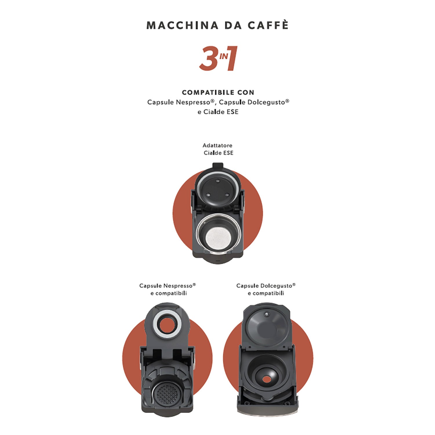 DICTROLUX - Macchina da caffè 3 in 1 Jeanette White 1450 Watt - Compatibile con capsule Nespresso®, Dolce Gusto® e cialde ESE