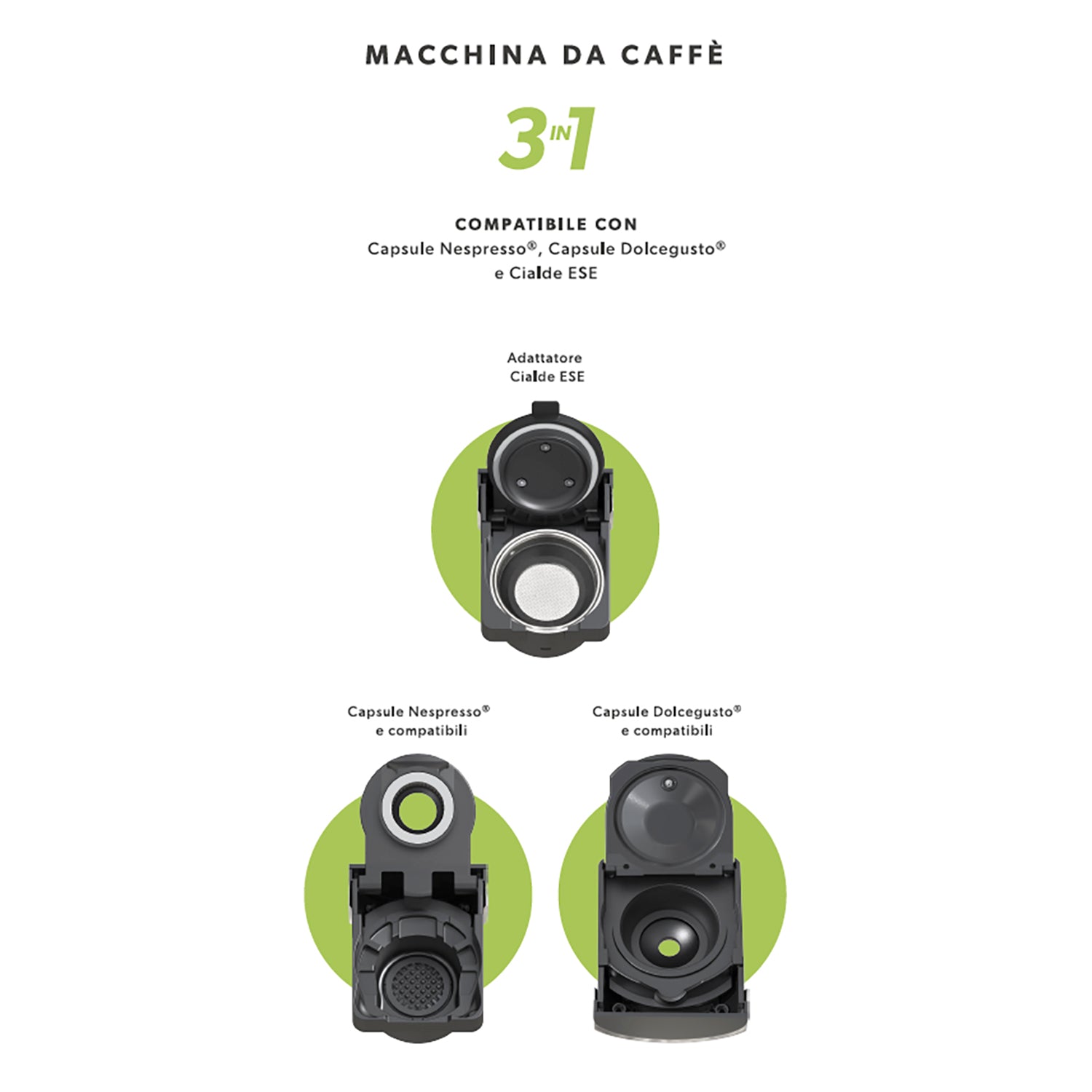 DICTROLUX - Macchina da caffè 3 in 1 Jeanette Black 1450 Watt - Compatibile con capsule Nespresso®, Dolce Gusto® e cialde ESE