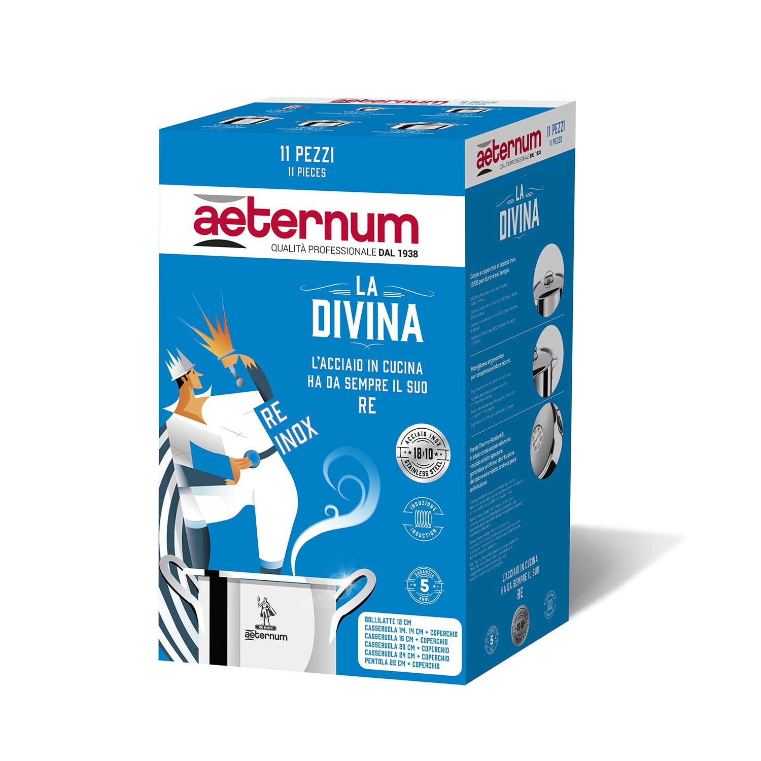 AETERNUM - Batteria di pentole 11 pezzi in acciaio inox Linea La Divina Re Inox