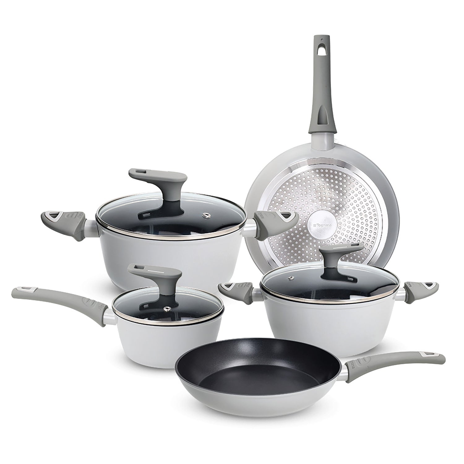 TOGNANA - Batteria di Pentole e Padelle 8 Pezzi Effetto Pietra in Alluminio Forgiato Grey