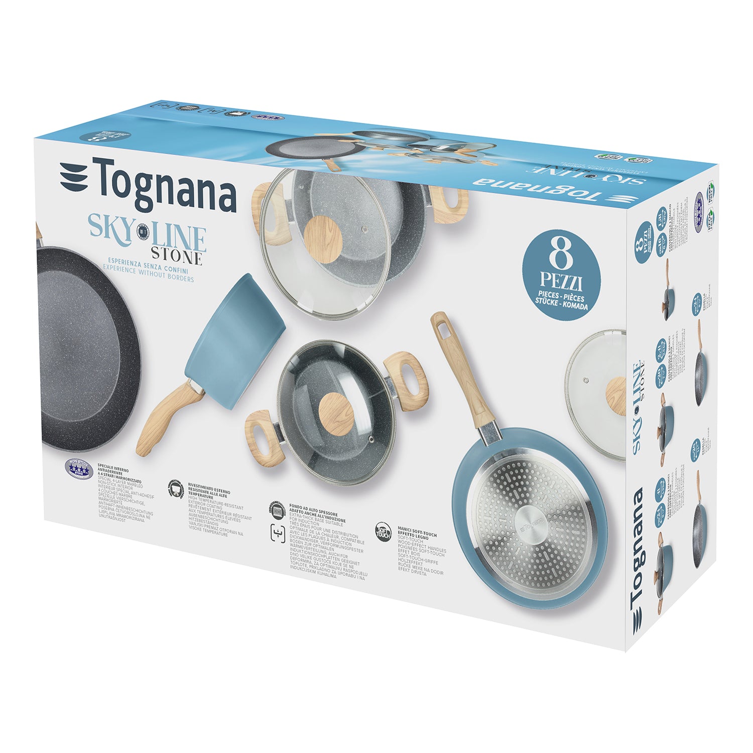 TOGNANA - Batteria Pentole 8 pezzi in alluminio Azzurro Linea Skyline Stone