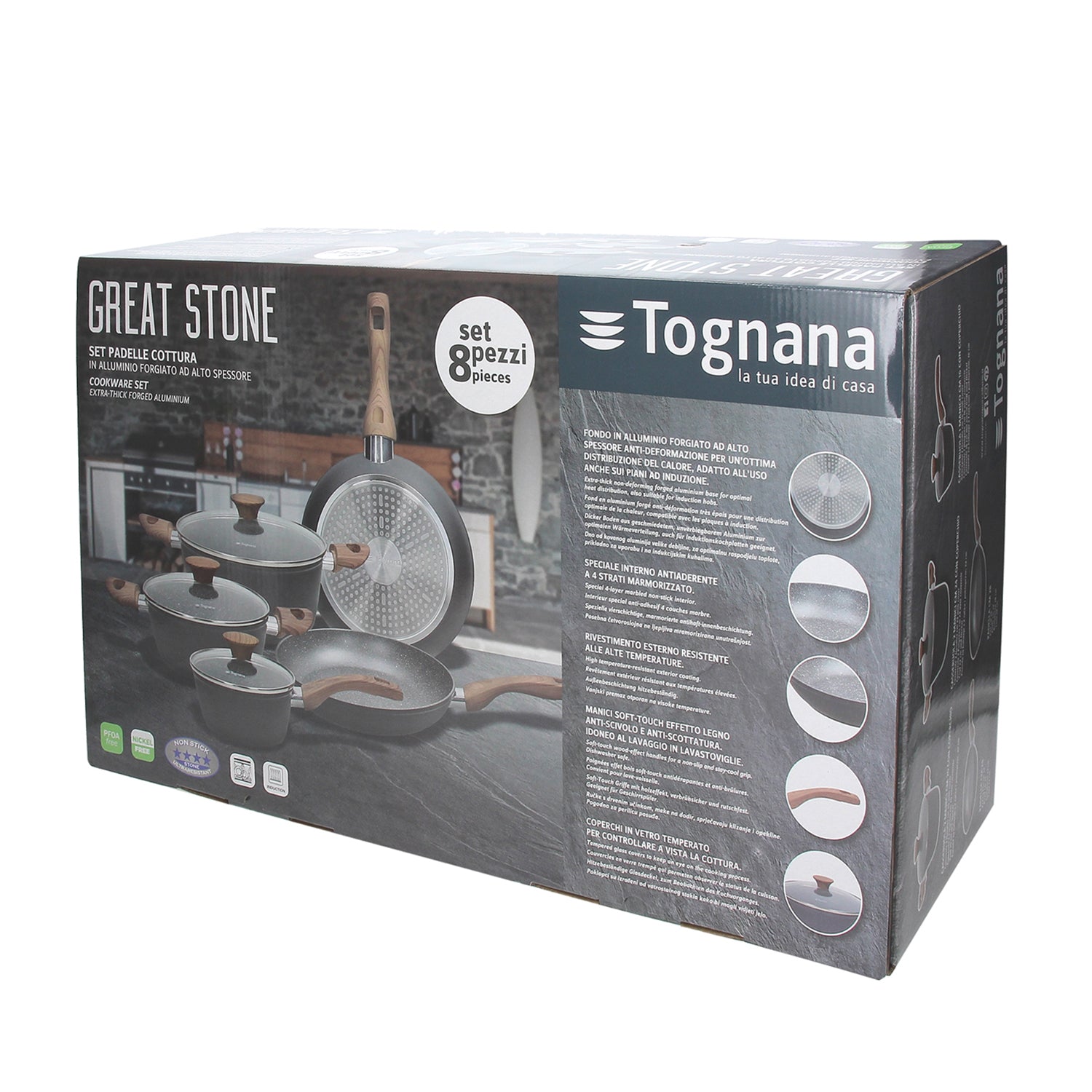 TOGNANA - Batteria Pentole e Padelle 8 Pezzi in Alluminio Grigio Linea Great Stone