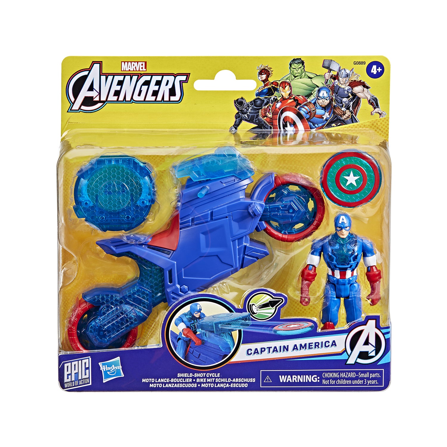 HASBRO - Marvel Avengers Epic World of Action Captain America Shield-Shot Cycle con Moto, Personaggio e Scudo Lanciabile 10 cm