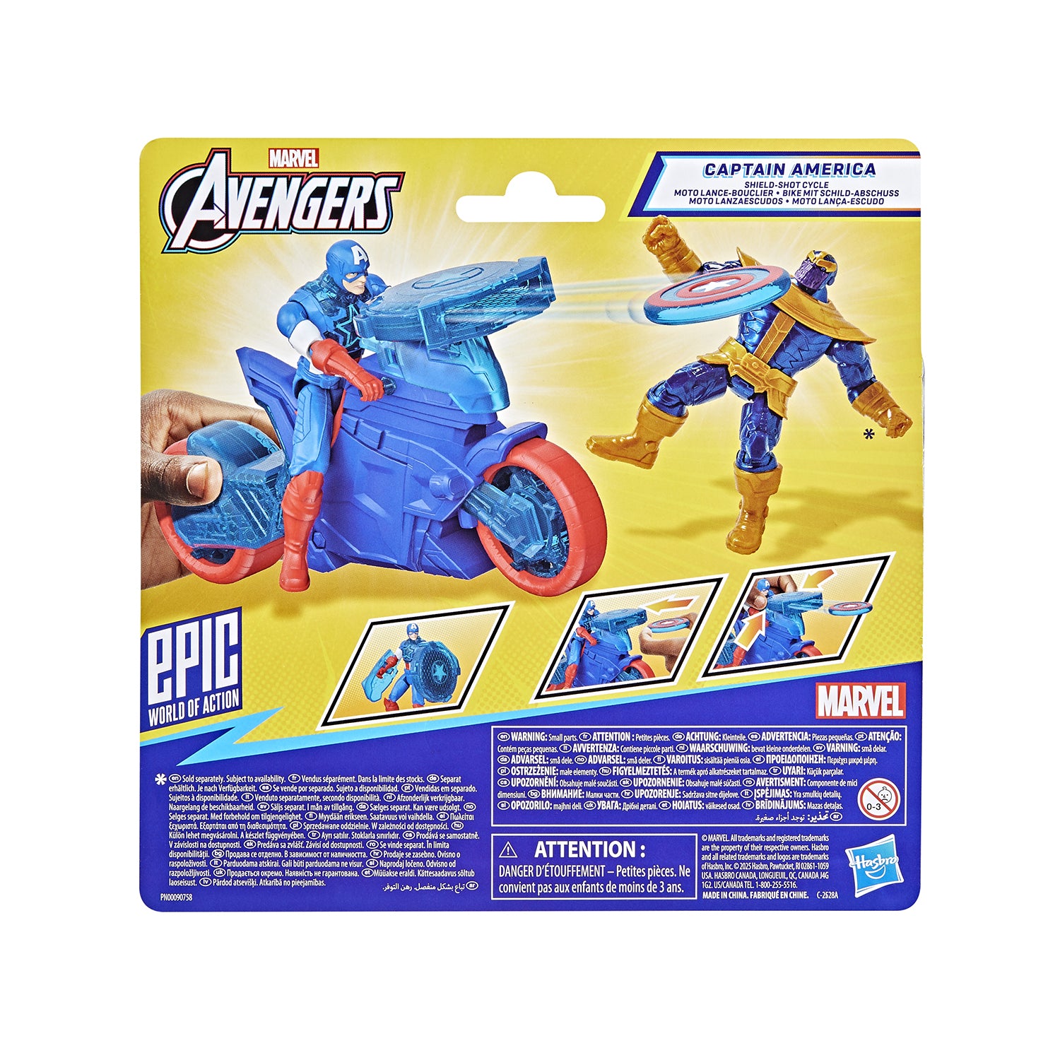 HASBRO - Marvel Avengers Epic World of Action Captain America Shield-Shot Cycle con Moto, Personaggio e Scudo Lanciabile 10 cm