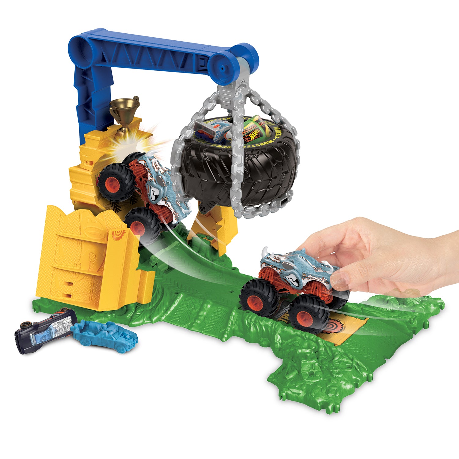 MATTEL - Hot Wheels Monster Trucks Arena Smashers Rhinomite - Playset Con 1 Truck Giocattolo E 2 Macchinine Schiacciate