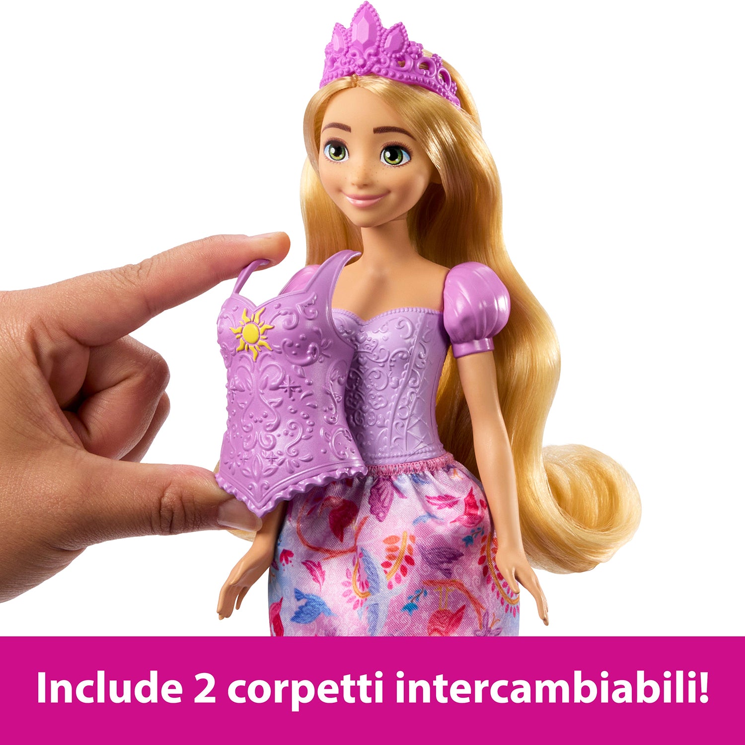 MATTEL - Disney Princess Rapunzel 2 in 1 Storie Bambola con 2 Look e 9 Accessori 3+ Anni