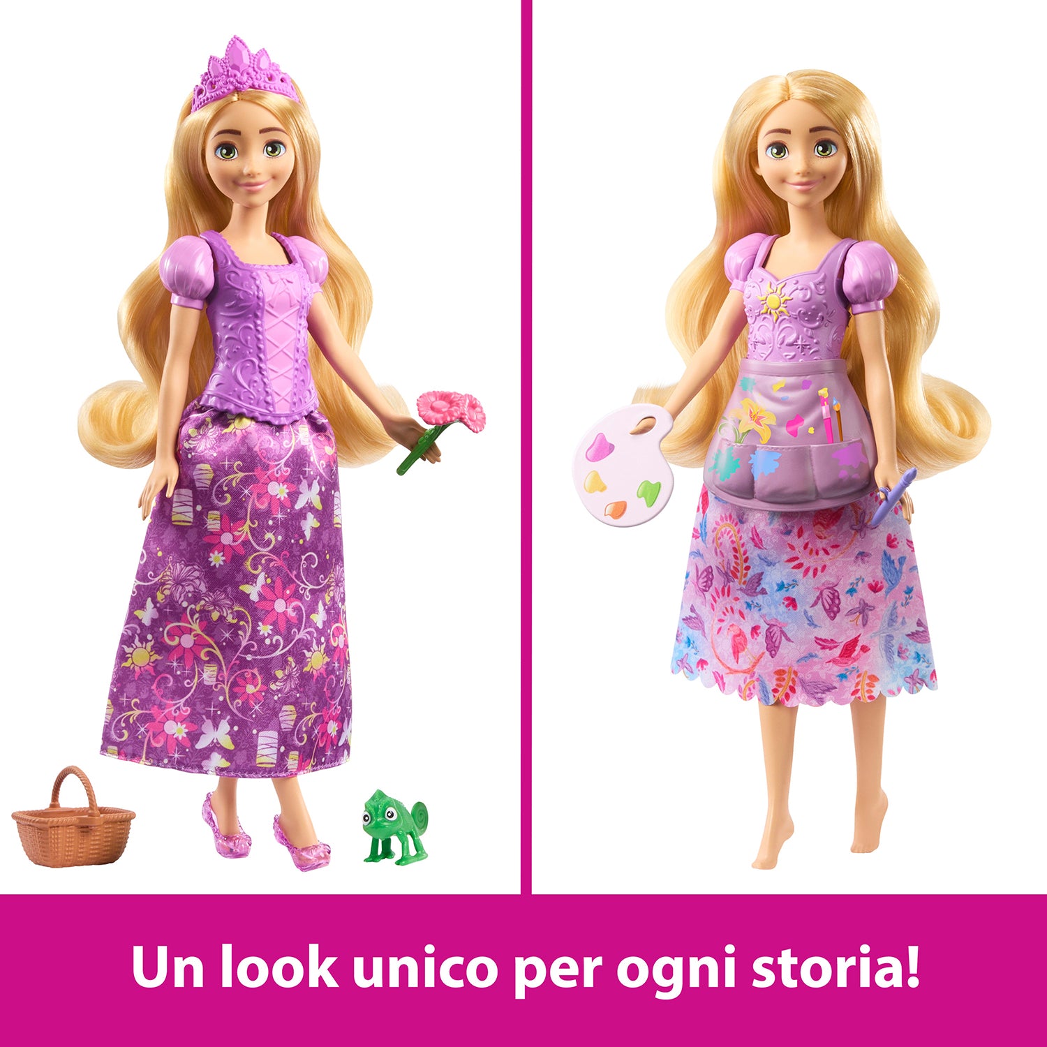 MATTEL - Disney Princess Rapunzel 2 in 1 Storie Bambola con 2 Look e 9 Accessori 3+ Anni
