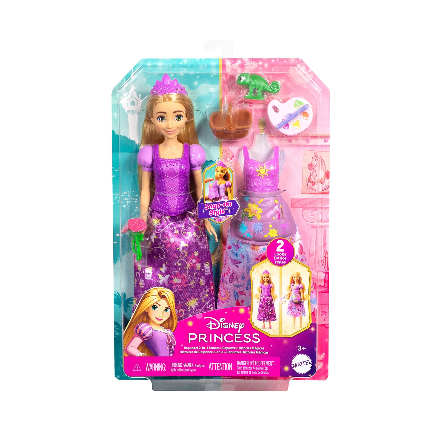 MATTEL - Disney Princess Rapunzel 2 in 1 Storie Bambola con 2 Look e 9 Accessori 3+ Anni