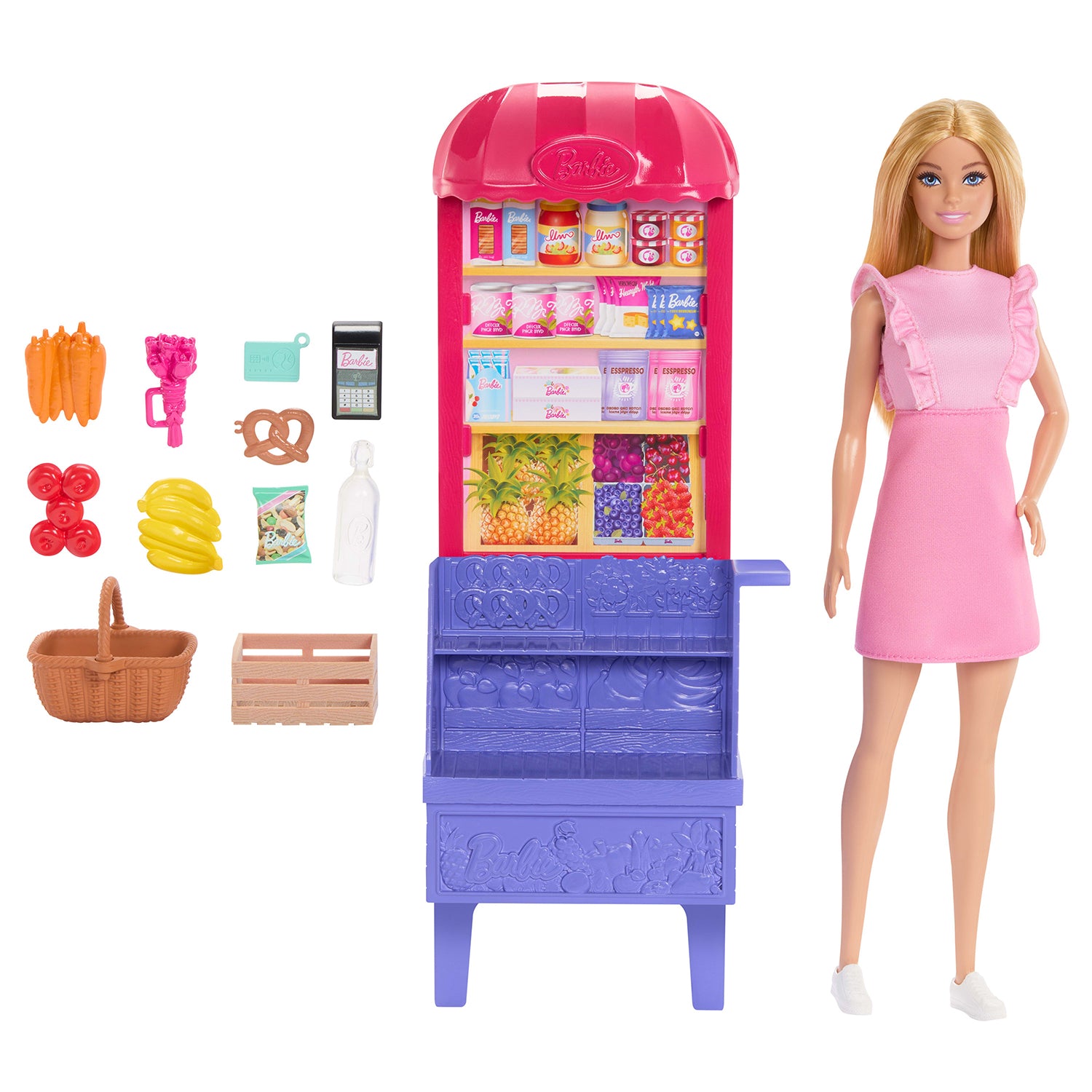 MATTEL - Barbie & Teresa Recipe for Friendship Malibu at the Market - Bambola Barbie con Bancarella Mercato e 11 Accessori