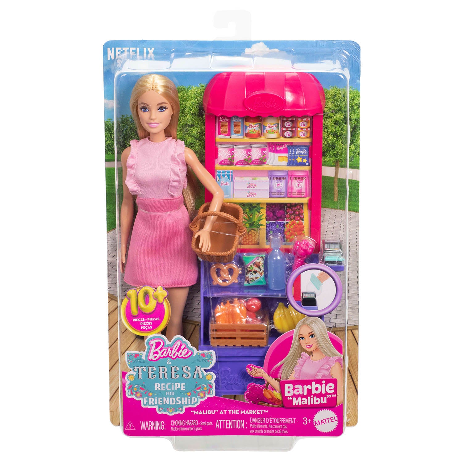 MATTEL - Barbie & Teresa Recipe for Friendship Malibu at the Market - Bambola Barbie con Bancarella Mercato e 11 Accessori