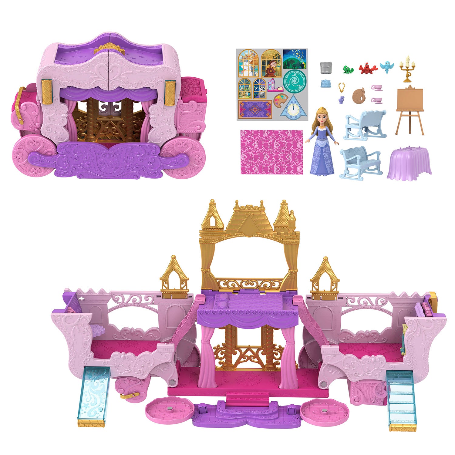 MATTEL - Disney Princess Playset 2 in 1 Castello Carrozza con Mini Bambola Aurora e Accessori