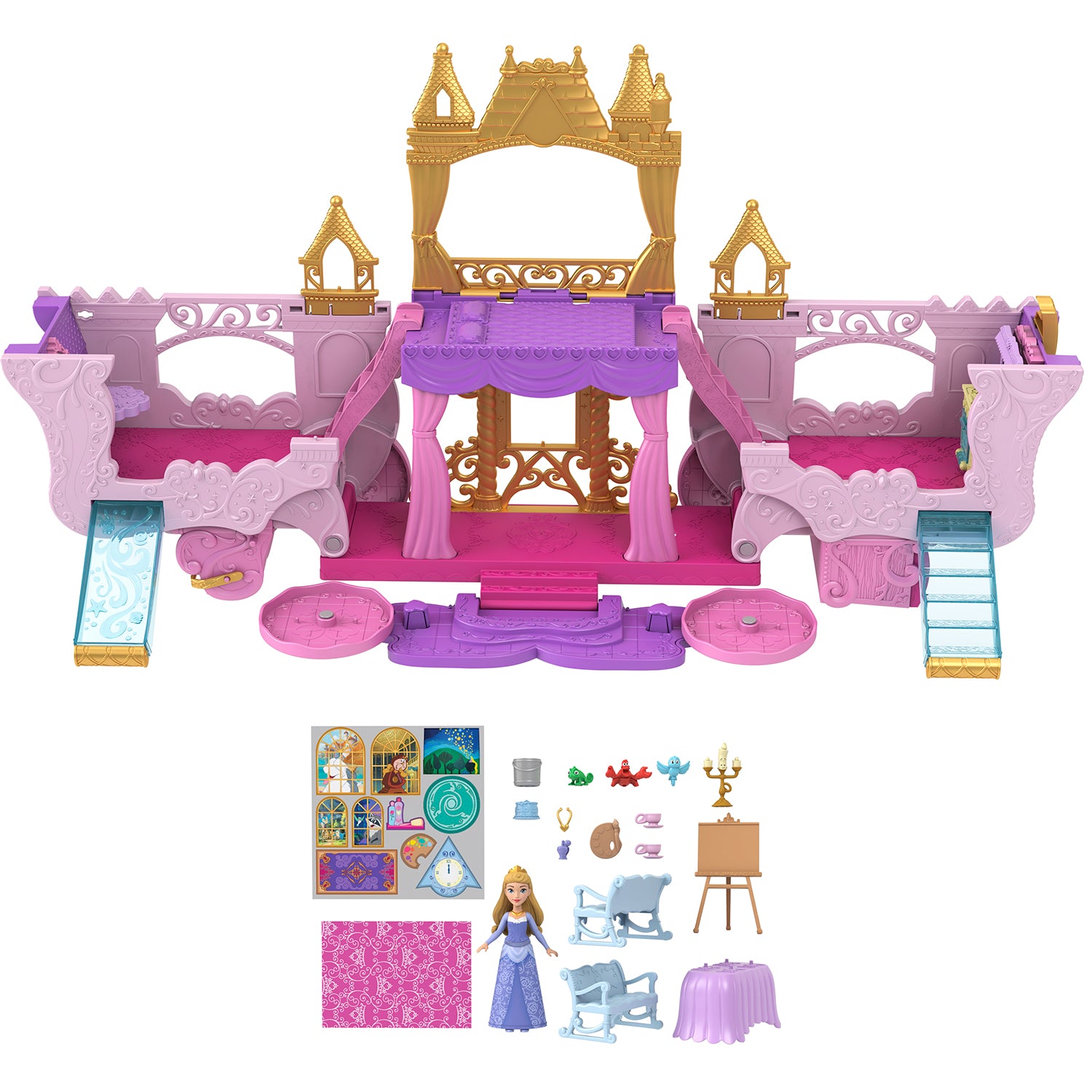 MATTEL - Disney Princess Playset 2 in 1 Castello Carrozza con Mini Bambola Aurora e Accessori