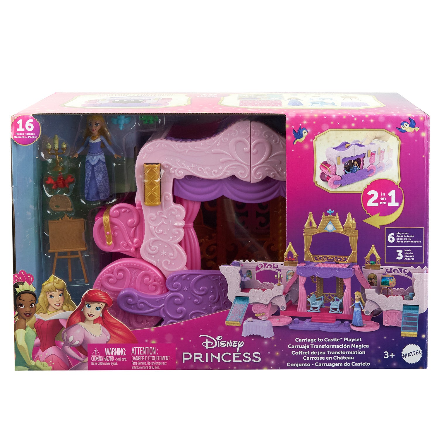 MATTEL - Disney Princess Playset 2 in 1 Castello Carrozza con Mini Bambola Aurora e Accessori