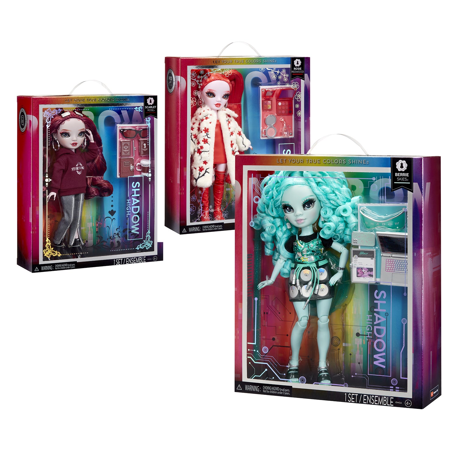 MGA ENTERTAINMENT - Rainbow High Shadow High Doll con Accessori - Berrie Skies, Rosie Redwood e Scarlet Rose