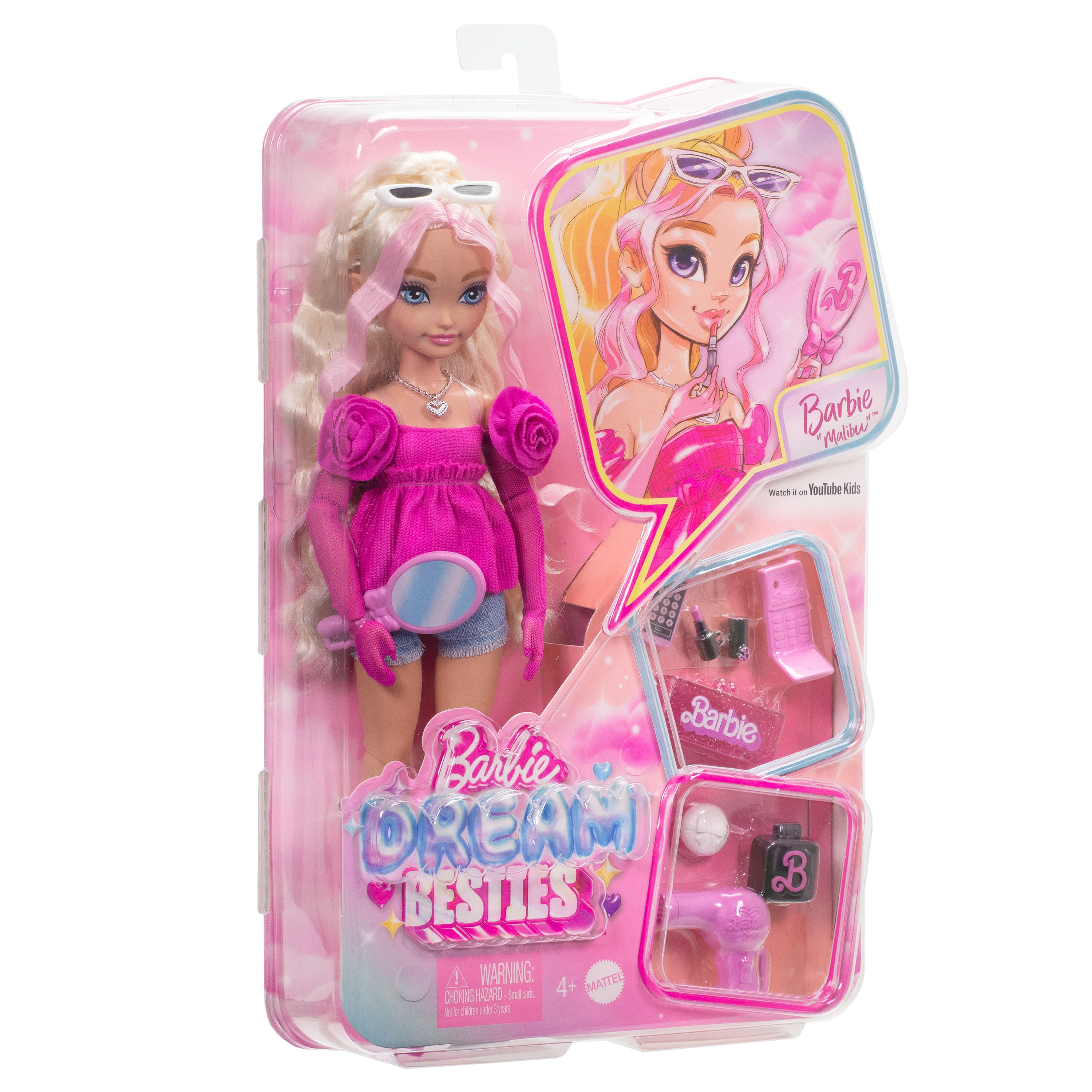MATTEL - Barbie Dream Besties Bambola Malibu con 8 Accessori a Tema Capelli & Make-Up