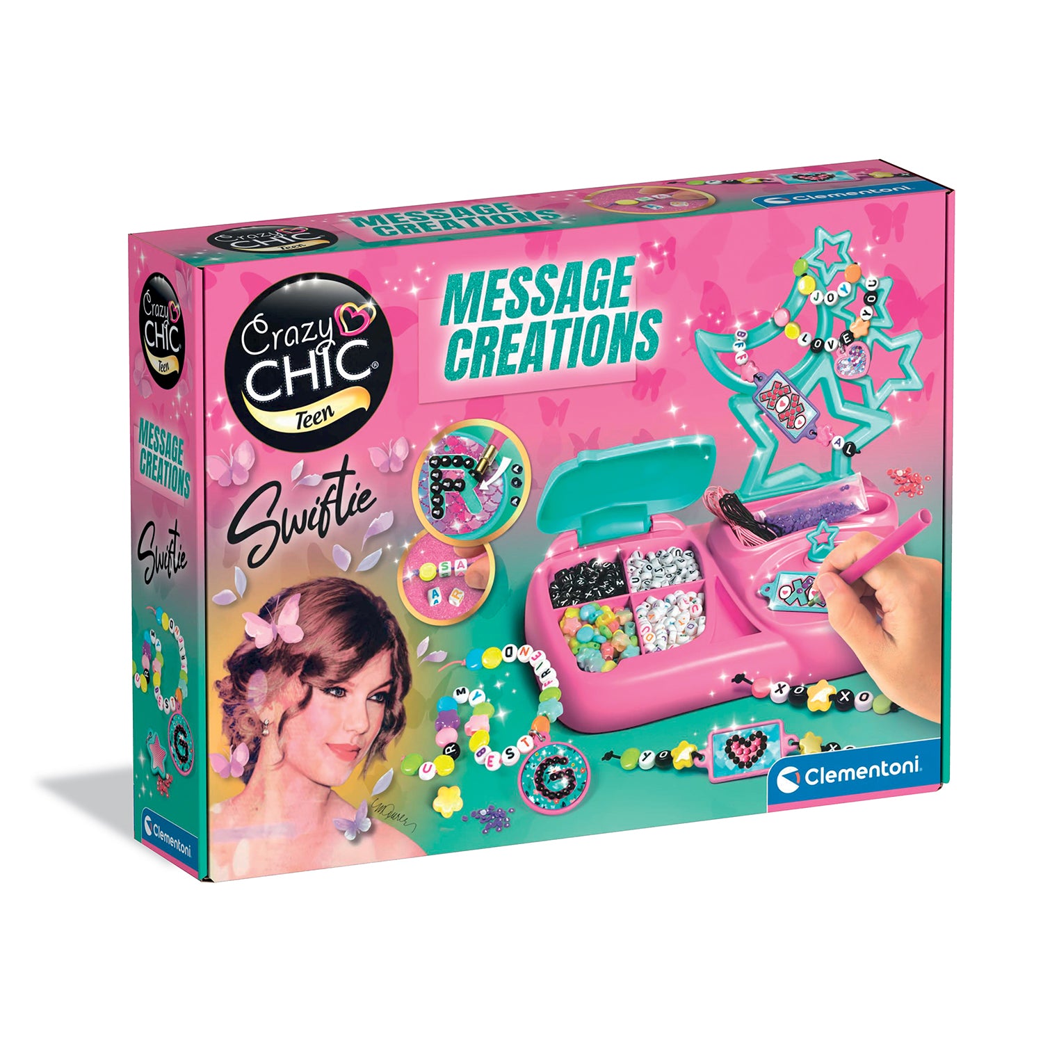 CLEMENTONI - Crazy Chic Message Creations Swiftie Kit 6+ Anni - Set Creativo per Braccialetti e Ciondoli