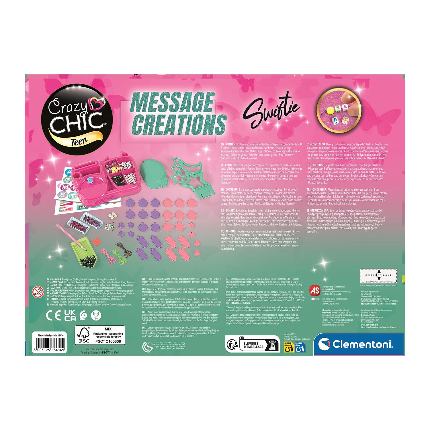 CLEMENTONI - Crazy Chic Message Creations Swiftie Kit 6+ Anni - Set Creativo per Braccialetti e Ciondoli
