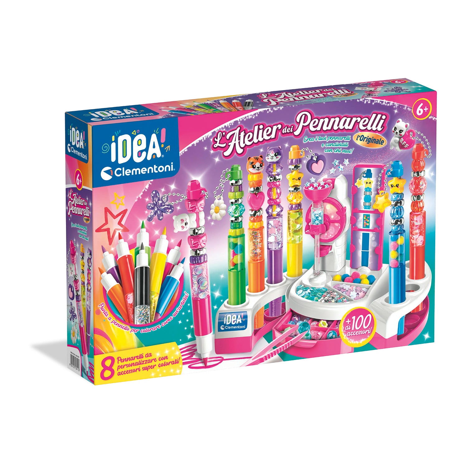 CLEMENTONI - L’Atelier dei Pennarelli Crea Idea 6+ Anni - Kit Creativo per Personalizzare 8 Pennarelli con oltre 100 Accessori