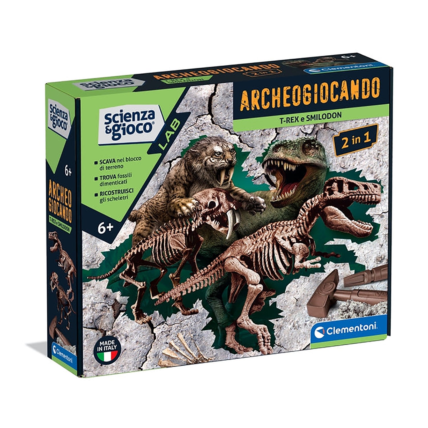 CLEMENTONI - Archeogiocando T-rex e Smilodon 2in1 - Scienza&Gioco