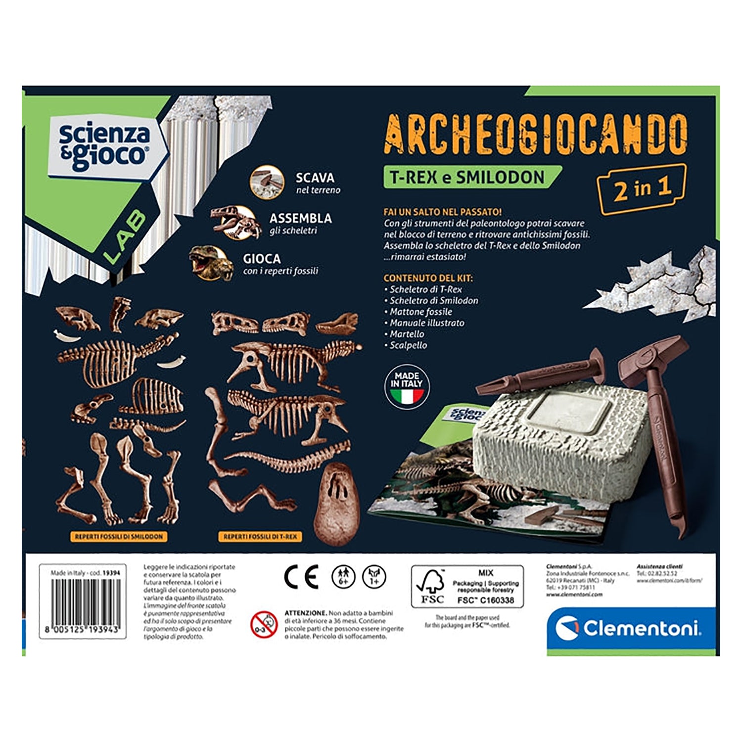 CLEMENTONI - Archeogiocando T-rex e Smilodon 2in1 - Scienza&Gioco