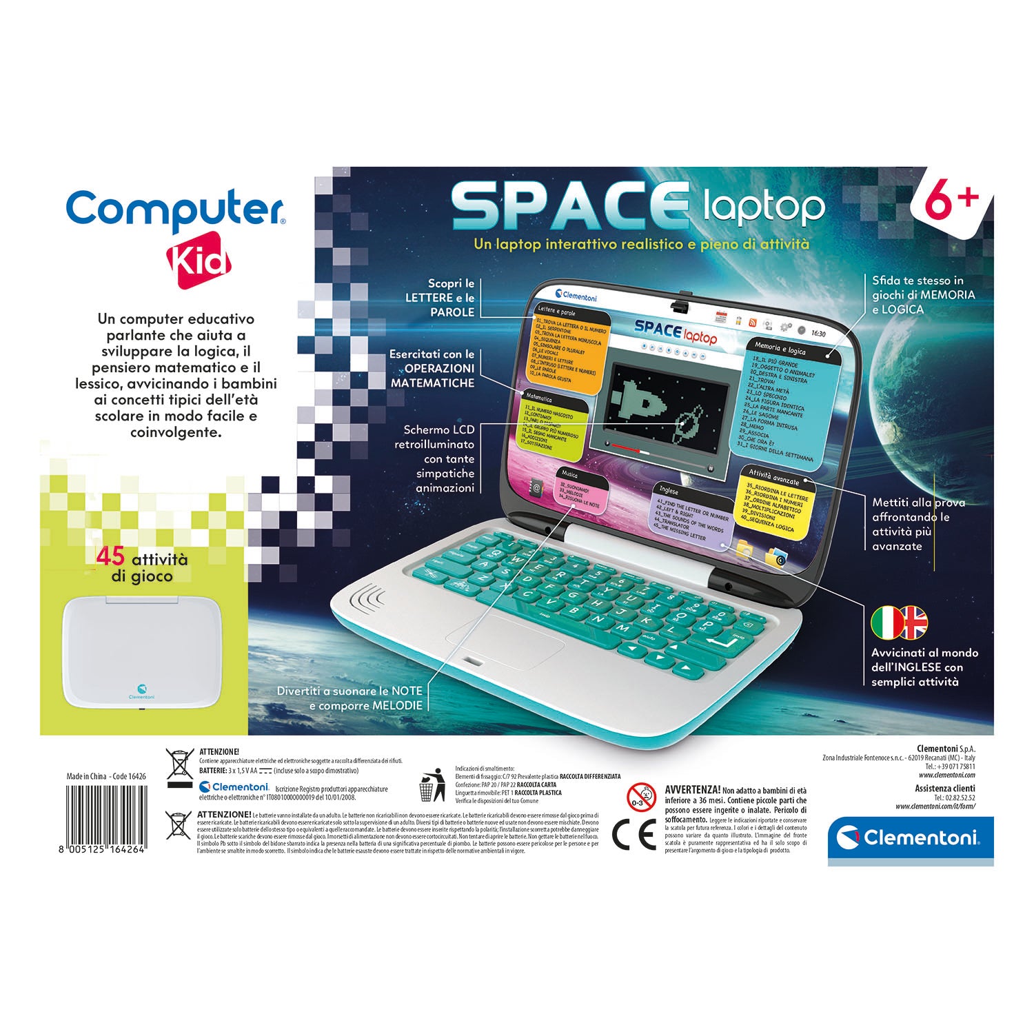 CLEMENTONI - Computer Kid Space Laptop - Laptop Educativo Interattivo 45 Attività